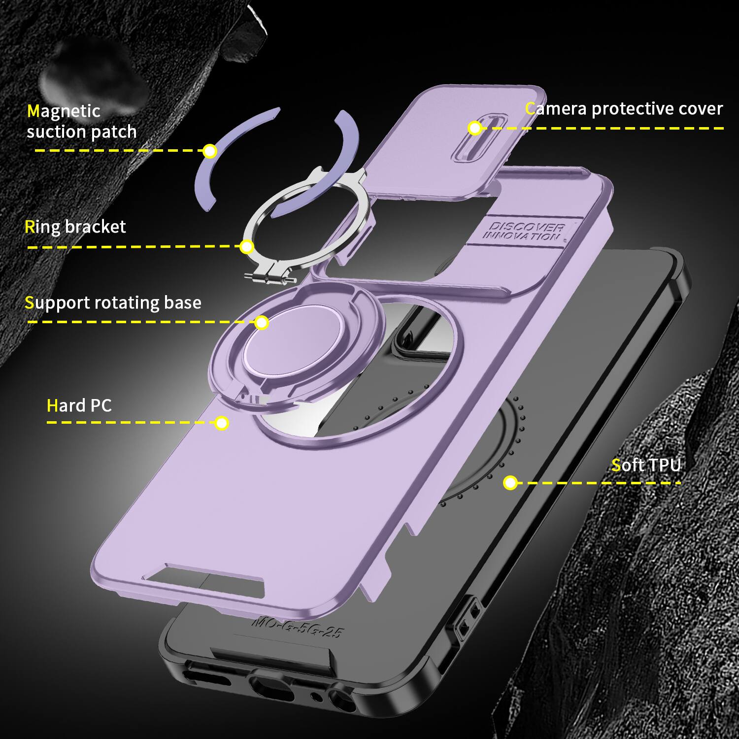 Magnetic suction patch  
Camera protective cover  
Ring bracket  
DISCOVER INNOVATION  
Support rotating base  
Hard PC  
Soft TPU  
MO-G-5G-25