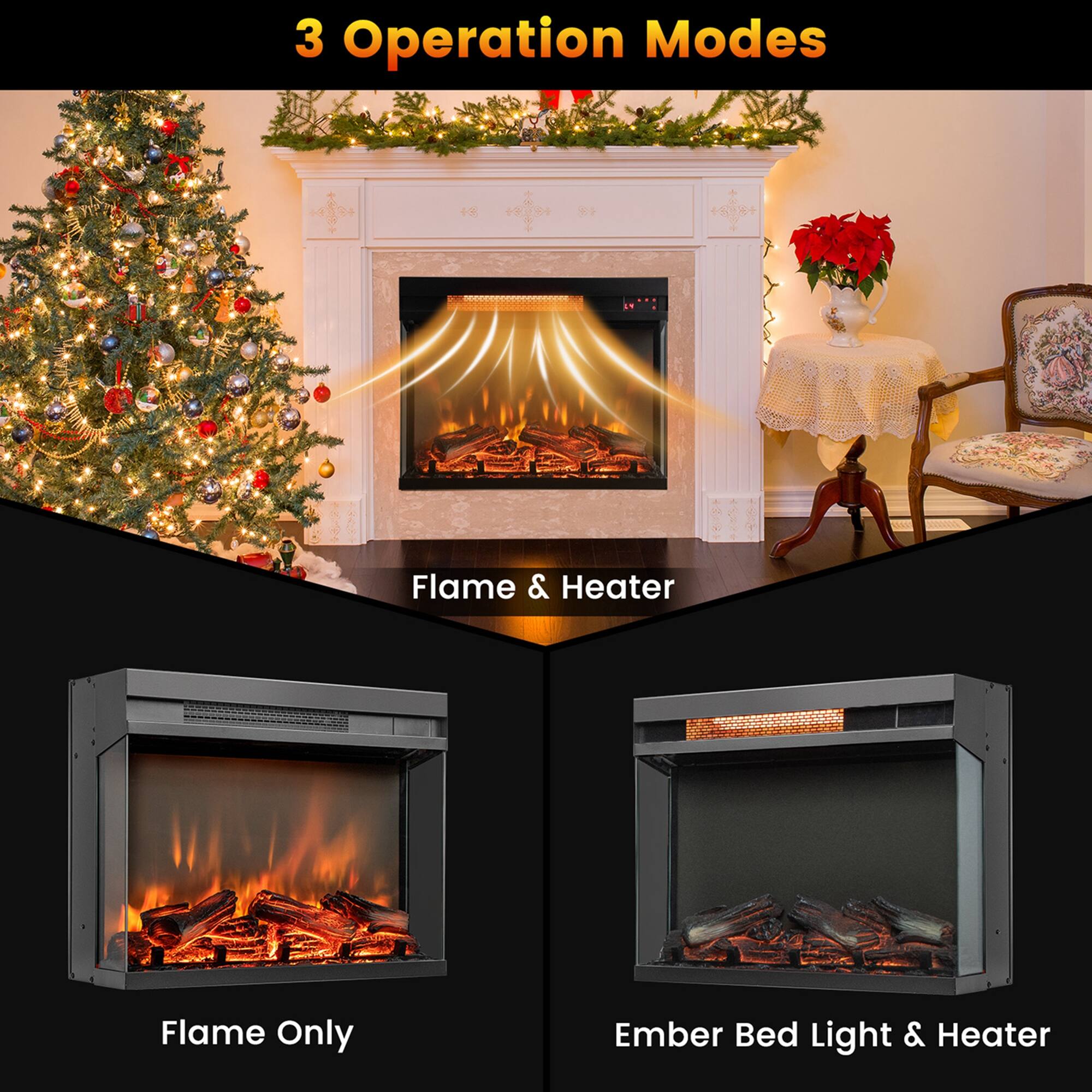 3 Operation Modes

Flame & Heater

Flame Only

Ember Bed Light & Heater