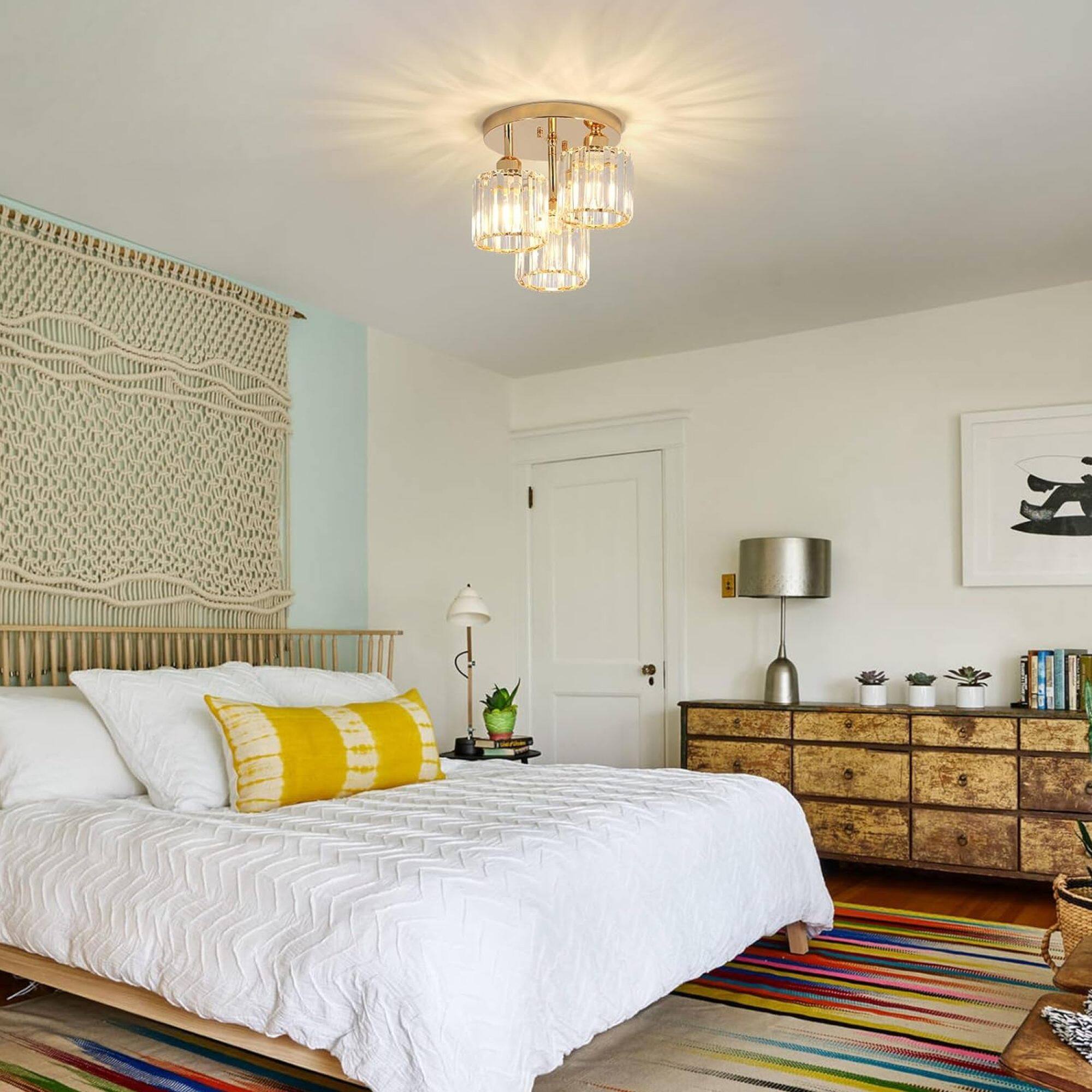 Alt View 4. ELEMENT ACE - Modern Semi Flush Mount Ceiling Light Fixture with Crystal Accents and Golden Frame for Kitchen Hallway - Golden.