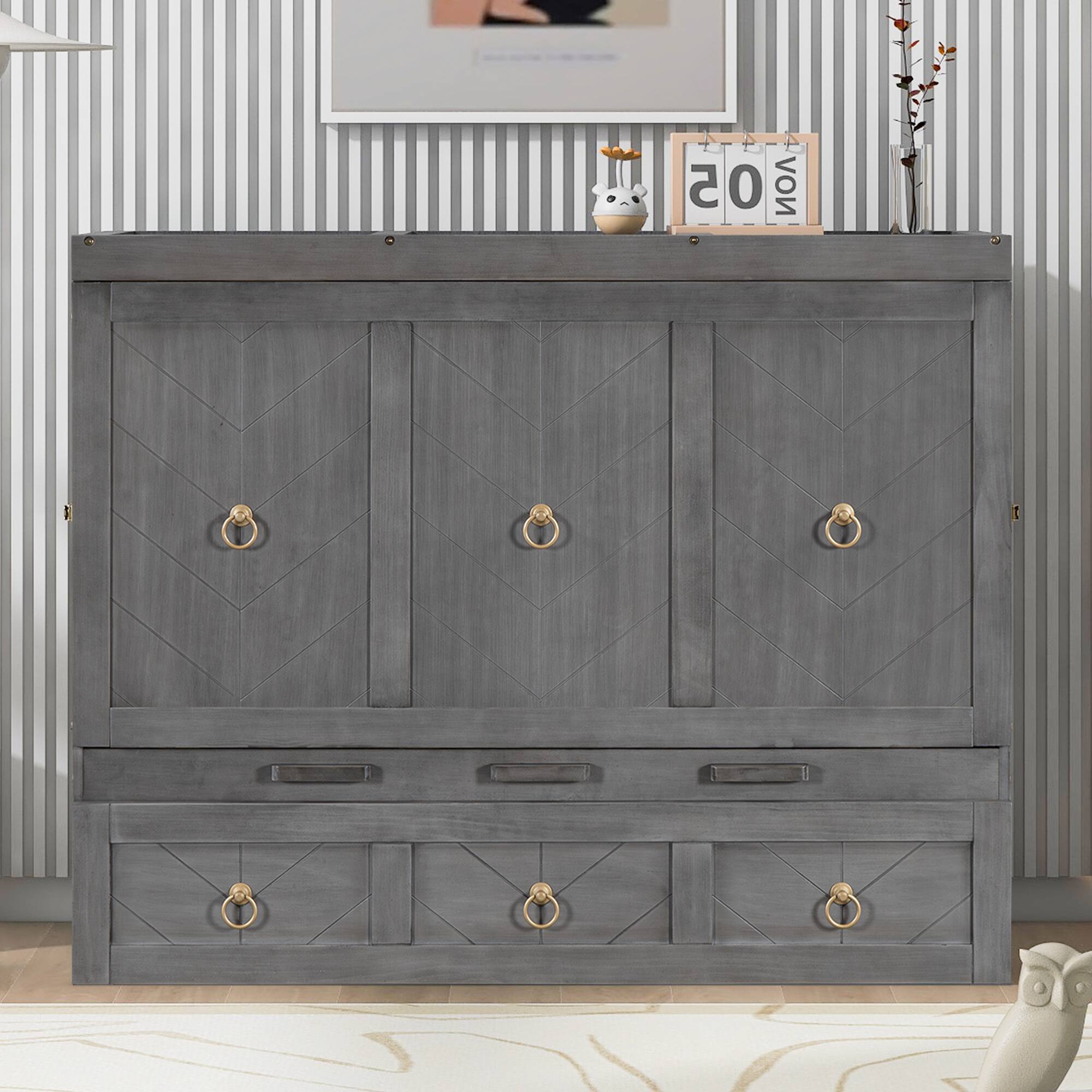 Front. Tiramisubest - Gray Full Size Murphy Bed with USB, Drawer, Solid Wood+MDF, Space-Saving - Gray.