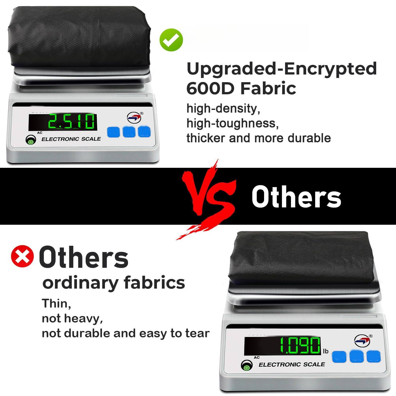 Upgraded-Encrypted 600D Fabric  
high-density, high-toughness, thicker and more durable  

Others  
ordinary fabrics  
Thin, not heavy, not durable and easy to tear  

2.510 lb  
AC ELECTRONIC SCALE  

1.090 lb  
AC ELECTRONIC SCALE