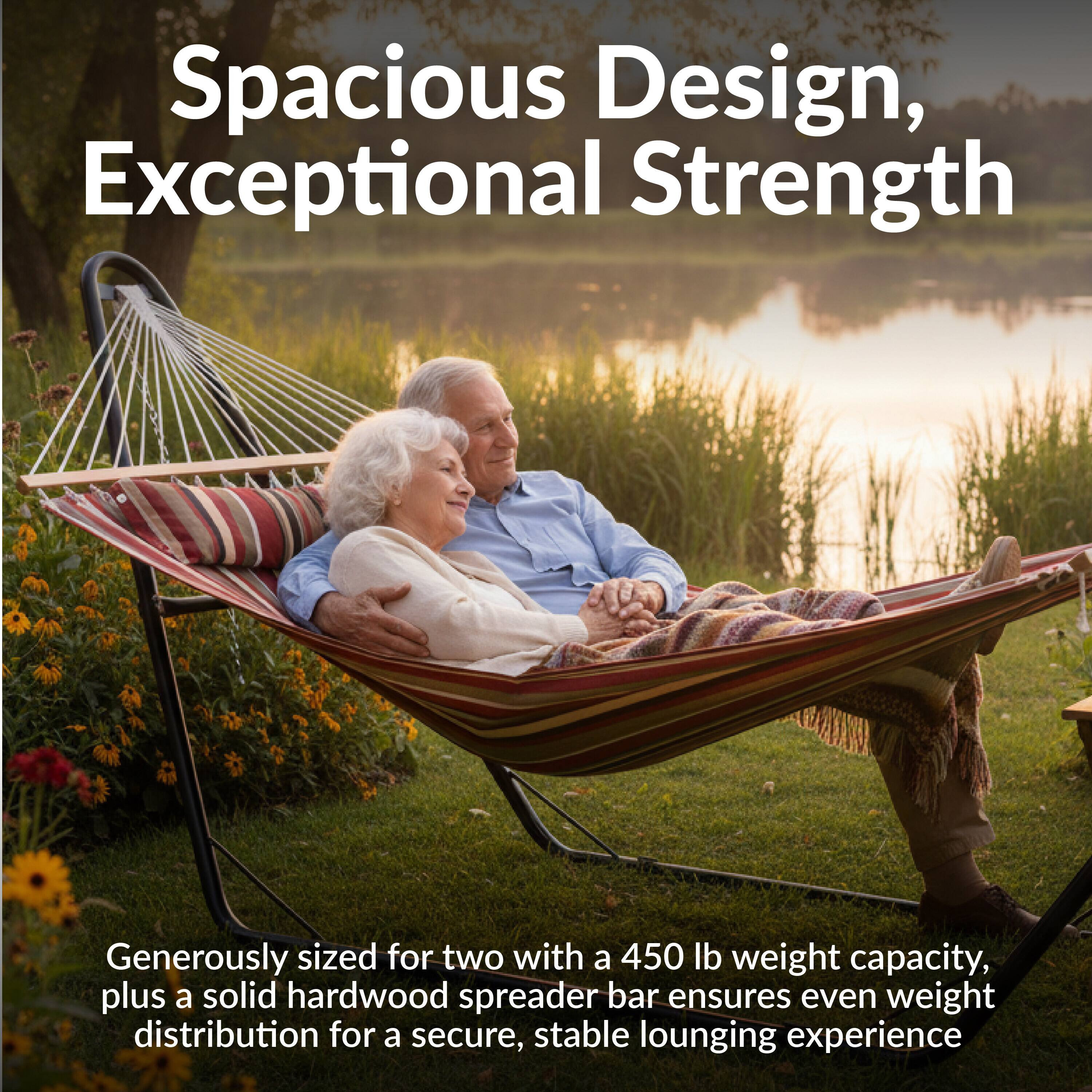 Spacious Design, Exceptional Strength

Generously sized for two with a 450 lb weight capacity, plus a solid hardwood spreader bar ensures even weight distribution for a secure, stable lounging experience.