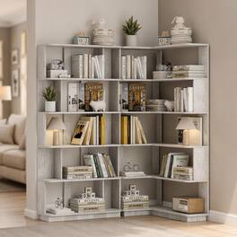 RYHNUYNE - 66.93 in x 21.65 in x 64.57 in Extendable Corner Bookshelf Set MDF Display Shelf with Light Grey Finish - Gray