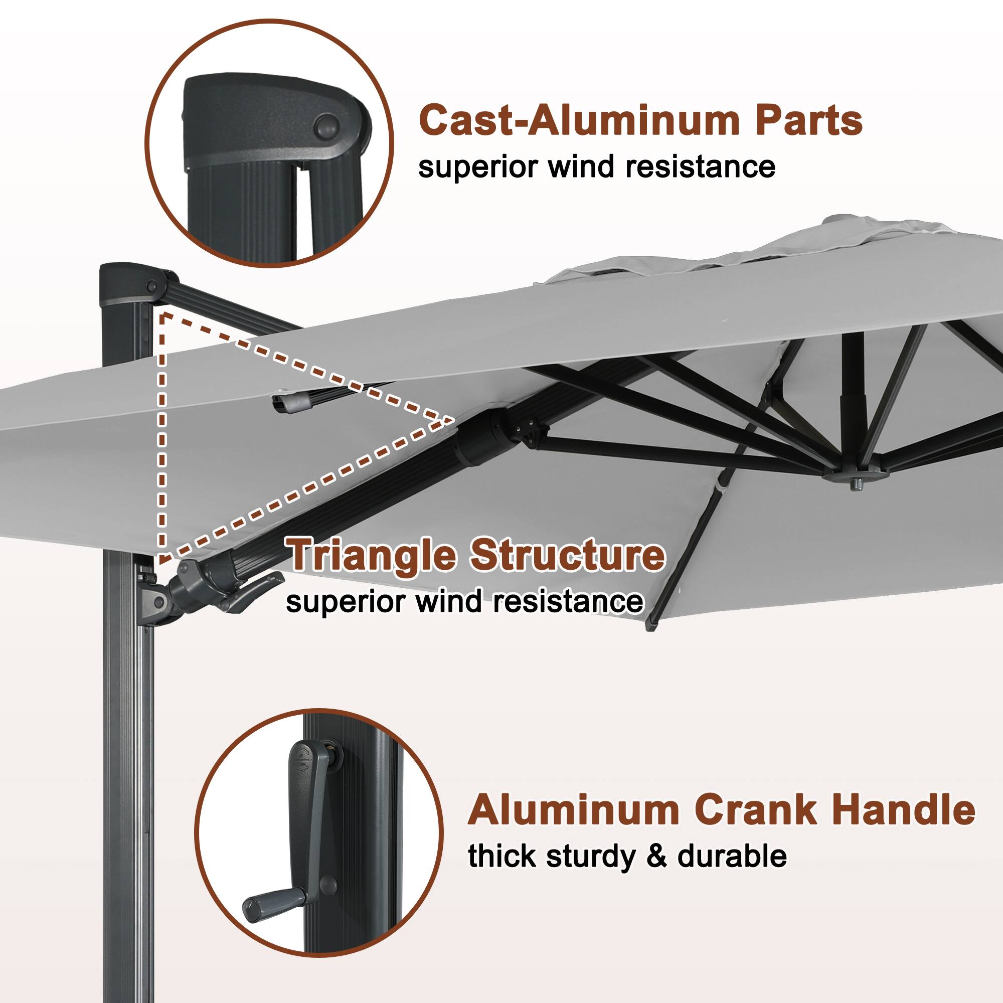 Cast-Aluminum Parts  
superior wind resistance  

Triangle Structure  
superior wind resistance  

Aluminum Crank Handle  
thick sturdy & durable