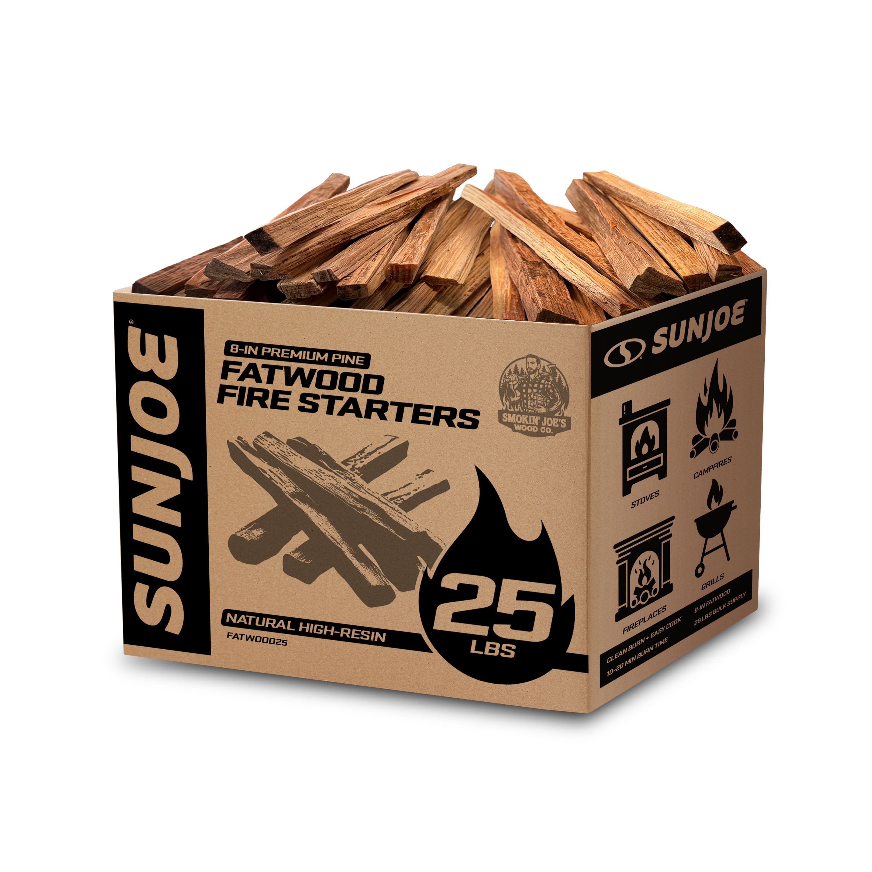 Sun Joe - 25 Lb Fatwood Fire Starter Sticks for Fireplace, Wood Stove & Grill Use - Brown