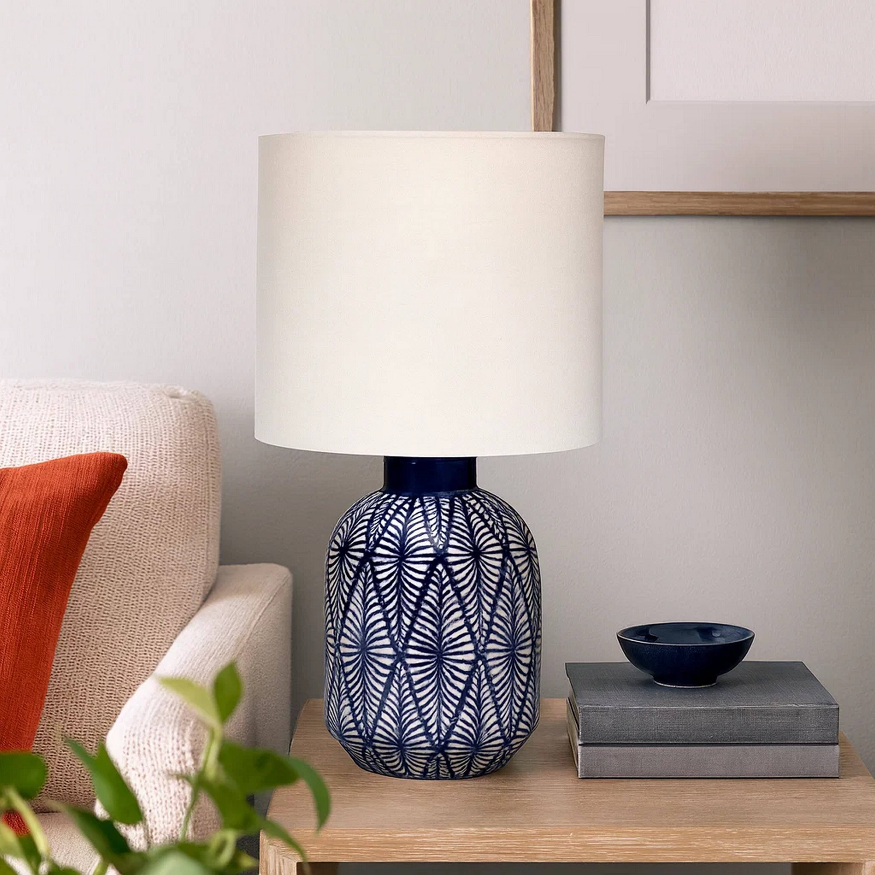 Alt View 2. Manhattan Lane - Hyla Accent Table Lamp, 17 Inch, Linen, Geometric Ceramic - Cream, Indigo Blue, White.