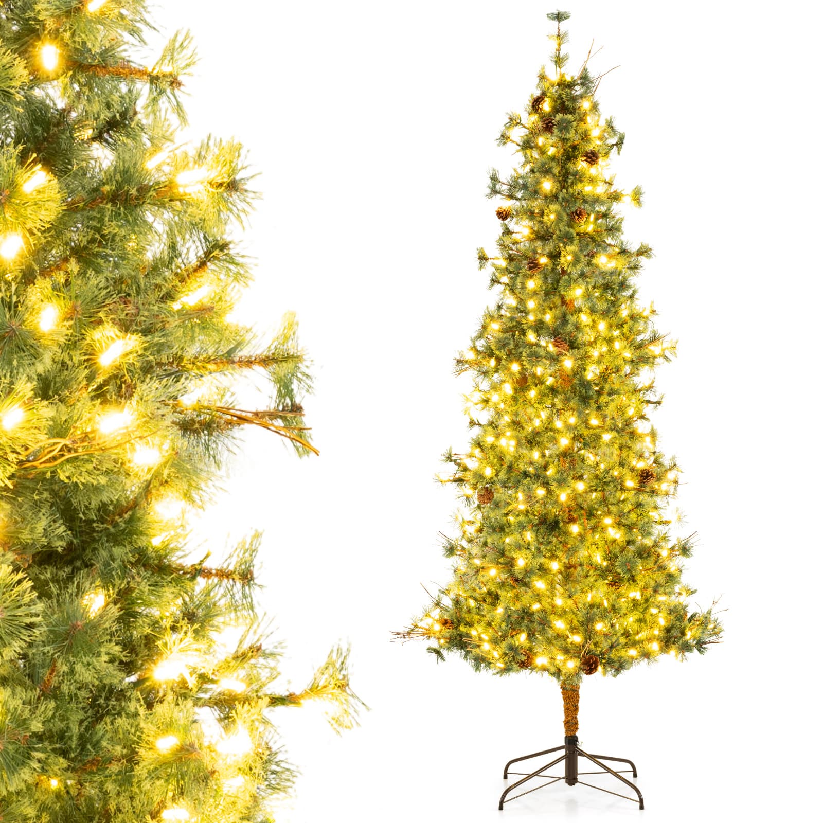 Gymax - 8 FT Pre-Lit Artificial Christmas Tree Cashmere Xmas Tree w/ 702 Pine Needles - Green