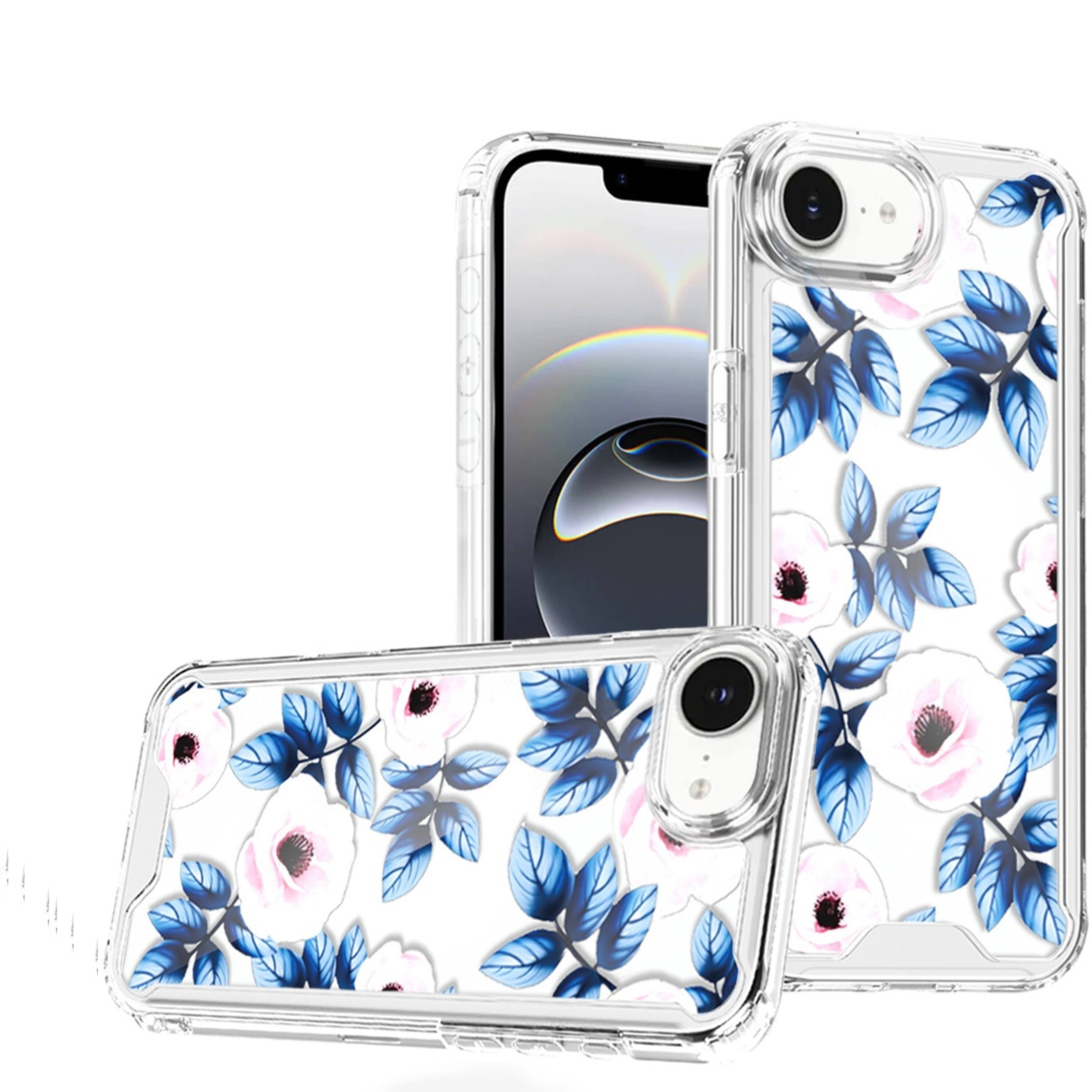 Front. Kitcheniva - Cute Print Design Clear TPU Phone Case With Tempered Glass For iPhone 16e 17e Blue Leaves - White.