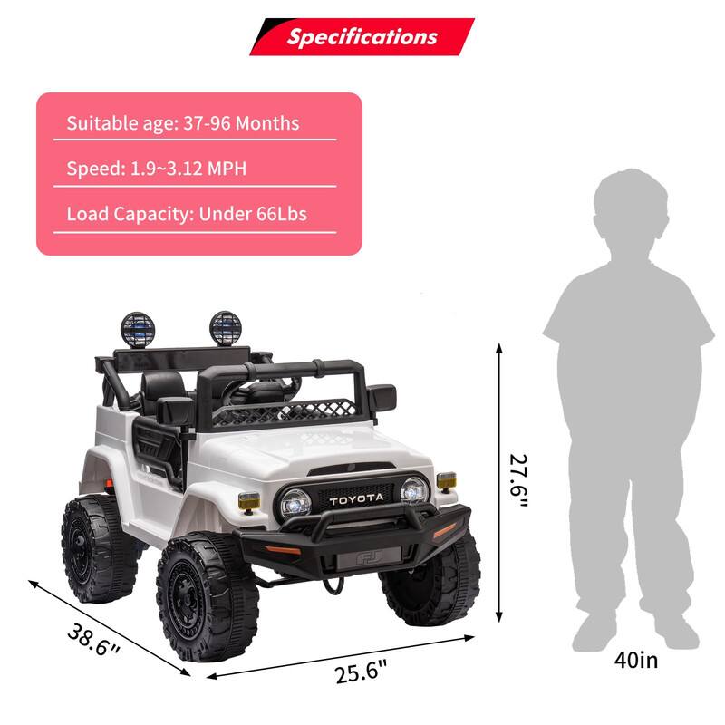 Specifications  
Suitable age: 37-96 Months  
Speed: 1.9-3.12 MPH  
Load Capacity: Under 66Lbs  

Dimensions:  
- Length: 38.6"  
- Width: 25.6"  
- Height: 27.6"  
- Seat Height: 40in