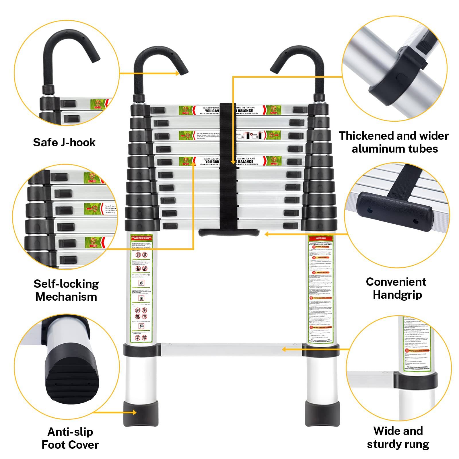 - Safe J-hook
- Thickened and wider aluminum tubes
- Self-locking Mechanism
- Convenient Handgrip
- Anti-slip Foot Cover
- Wide and sturdy rung