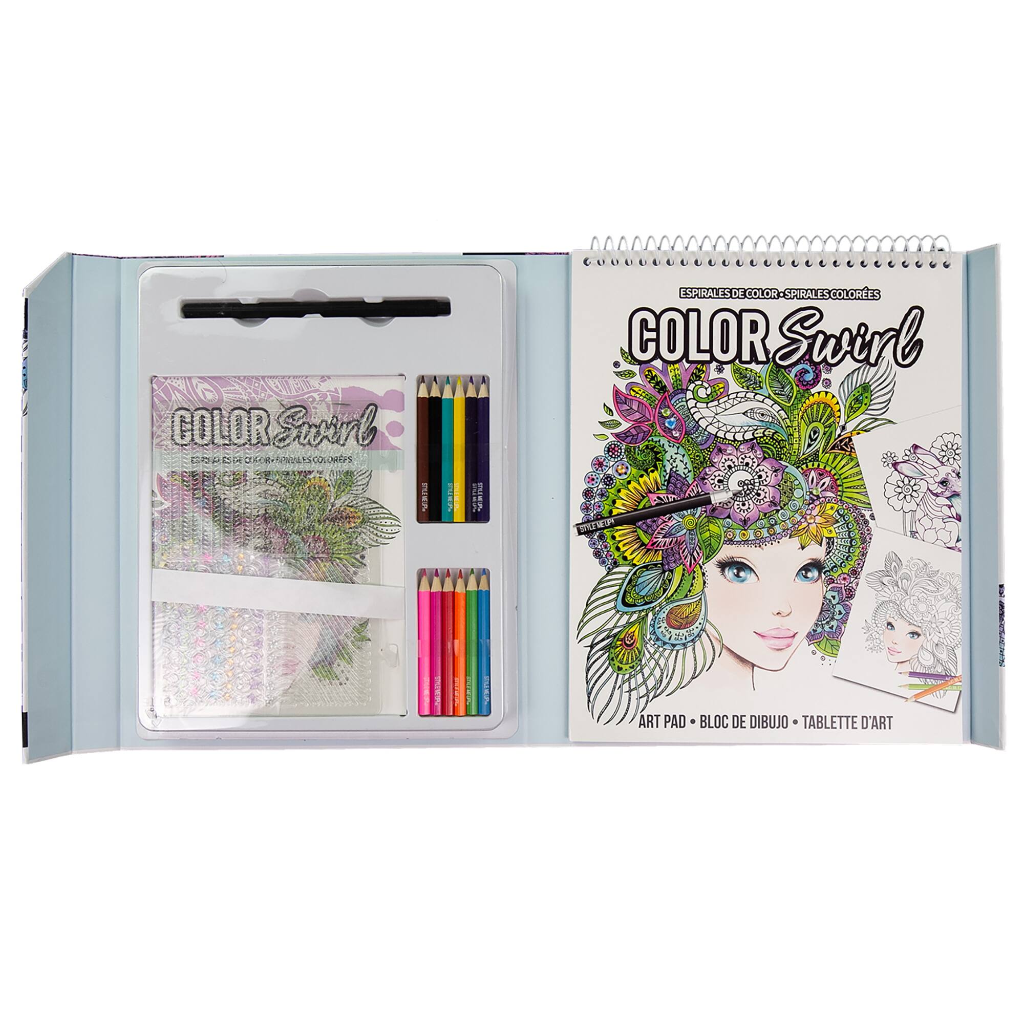 Color Swirl is a coloring book that comes with a set of colored pencils. The book is designed for adult coloring and features a variety of designs, including a woman with a colorful hairstyle. The pencils are organized in a case and come in different colors. The book is also available in Spanish.