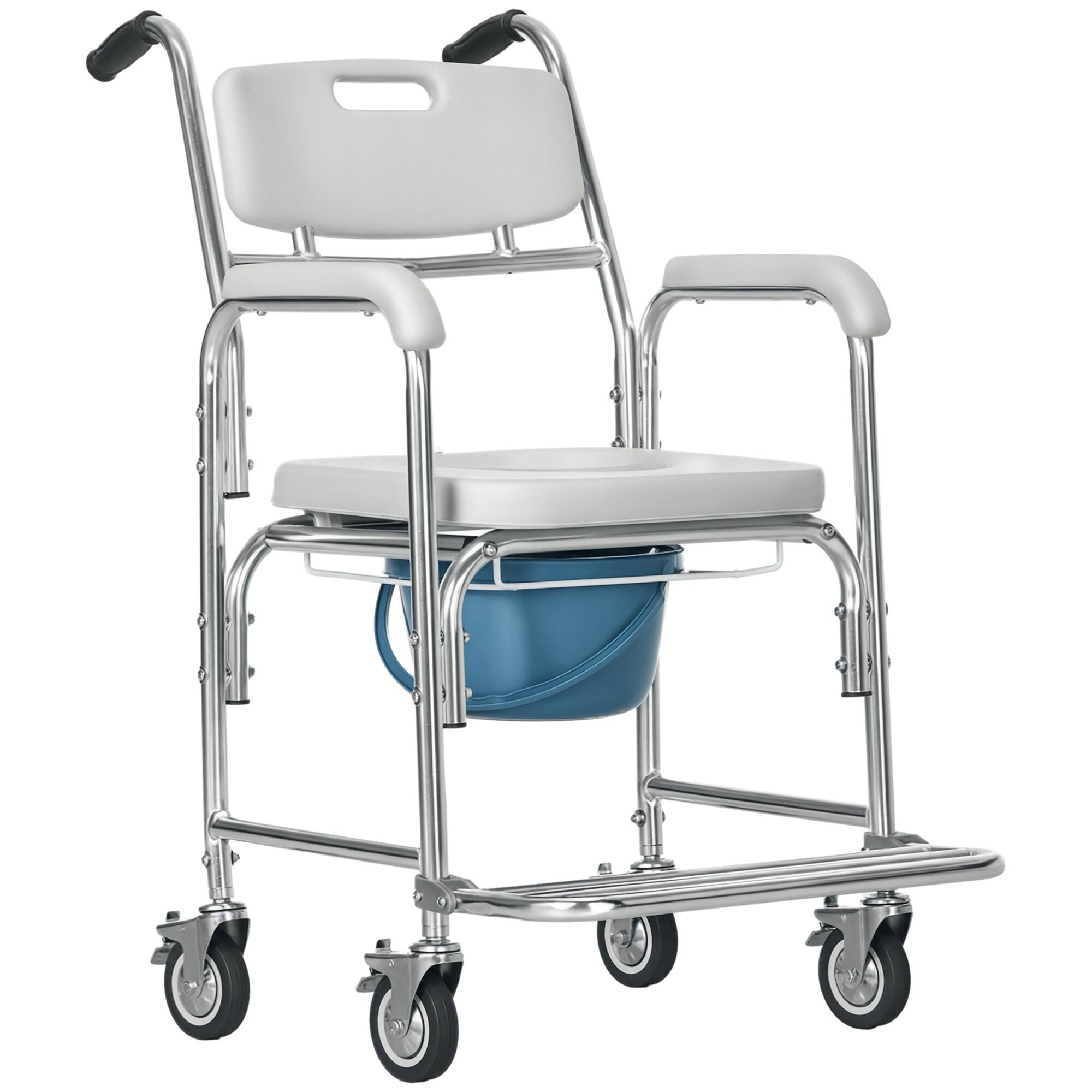 Front. Homcom - 3-in-1 Shower Commode Wheelchair, FSA/HSA Eligible Transport Beside Commode Chair, Waterproof Rolling - Gray.