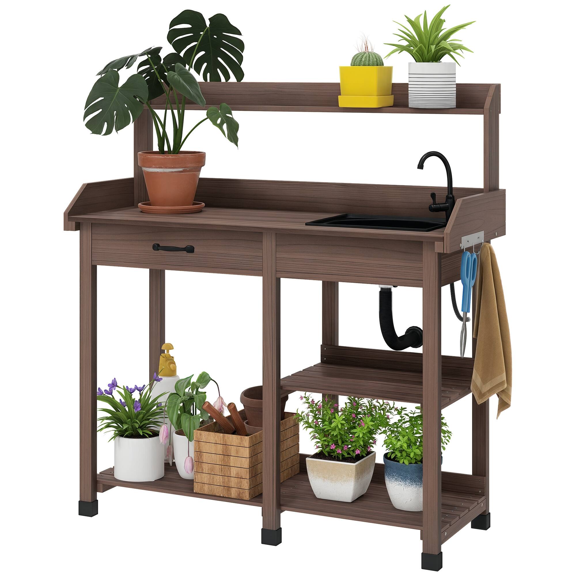 Outsunny - Potting Bench Table, Outdoor Garden Table Wooden Work Station with Removable Sink, Faucet, Drawer, Shelves, Hooks - Coffee