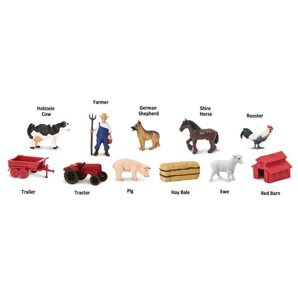 Holstein Cow, Farmer, German Shepherd, Shire Horse, Rooster, Trailer, Tractor, Pig, Hay Bale, Ewe, Red Barn
