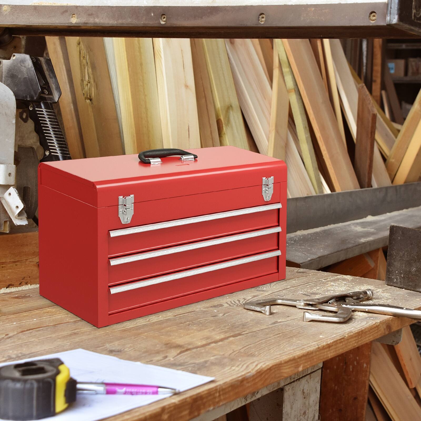 Alt View 1. Ecooso - Portable Garage Mechanic Tool Cabinet Box with 3 Drawers - Red.