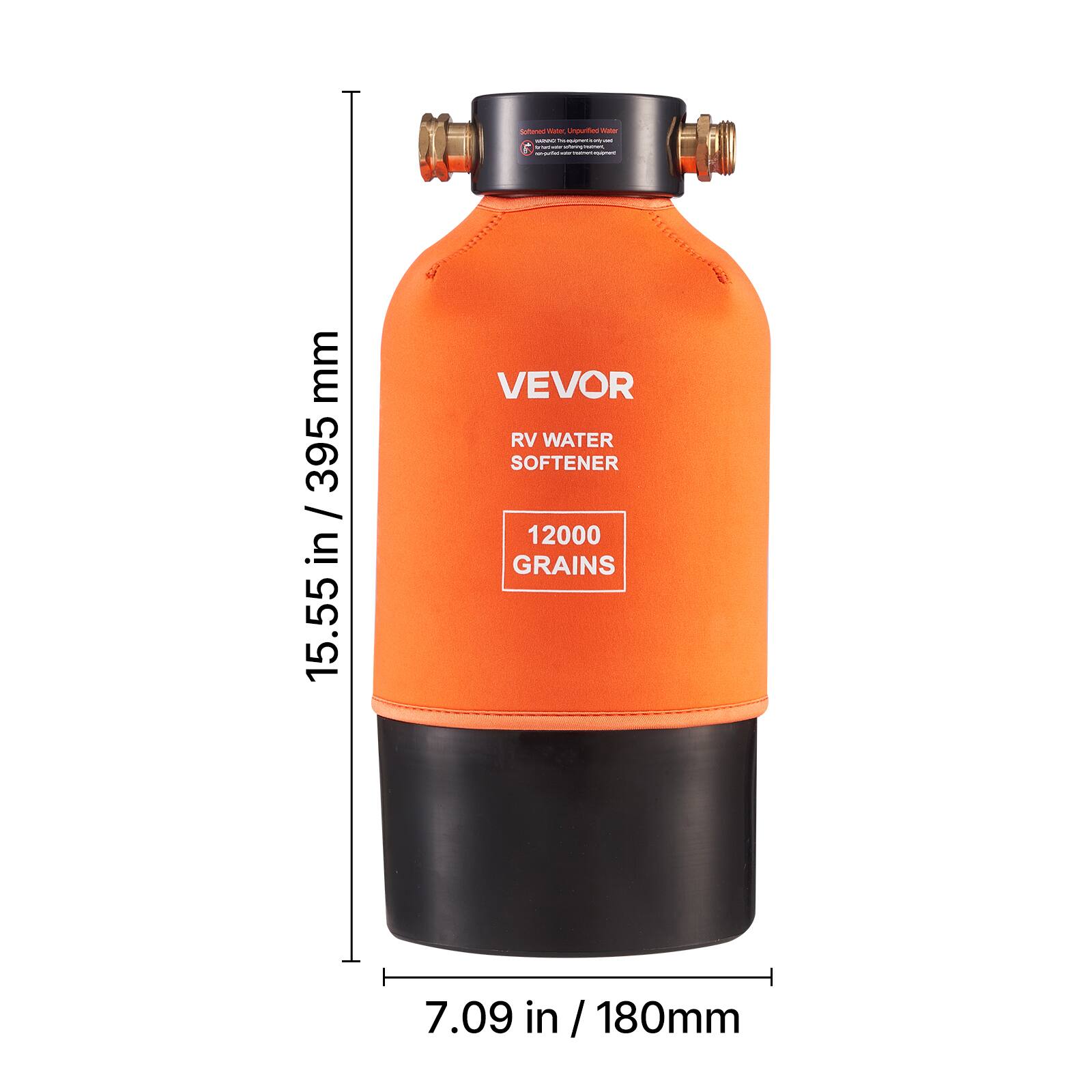 Sea - Unsuriee - - - - .  
I I - mm 395 / in 15.55 VEVOR RV WATER SOFTENER 12000 GRAINS 7.09 in / 180mm