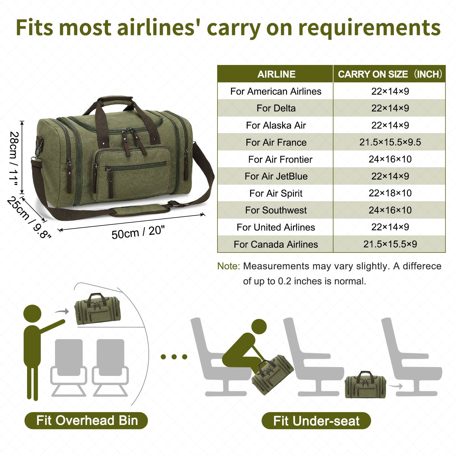 Fits most airlines' carry on requirements

AIRLINE | CARRY ON SIZE (INCH)

- For American Airlines | 22x14x9
- For Delta | 22x14x9
- For Alaska Air | 22x14x9
- For Air France | 21.5x15.5x9.5
- For Air Frontier | 24x16x10
- For Air JetBlue | 22x14x9
- For Air Spirit | 22x18x10
- For Southwest | 24x16x10
- For United Airlines | 22x14x9
- For Canada Airlines | 21.5x15.5x9

Note: Measurements may vary slightly. A difference of up to 0.2 inches is normal.

Fit Overhead Bin

Fit Under-seat
