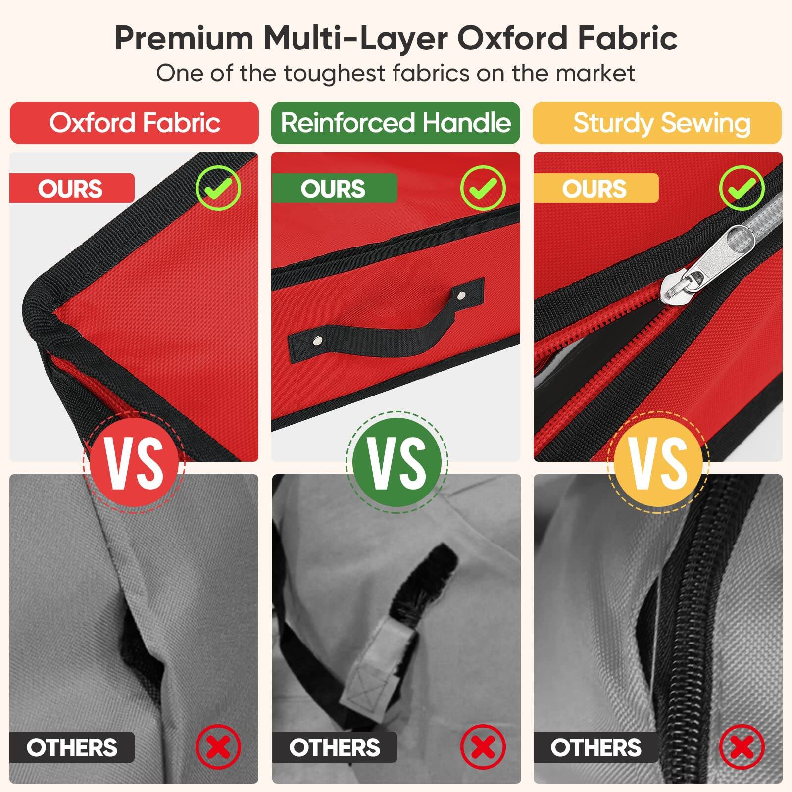 Premium Multi-Layer Oxford Fabric  
One of the toughest fabrics on the market  

Oxford Fabric  
OURS  

Reinforced Handle  
OURS  

Sturdy Sewing  
OURS  

VS  
OTHERS  

VS  
OTHERS  

VS  
OTHERS