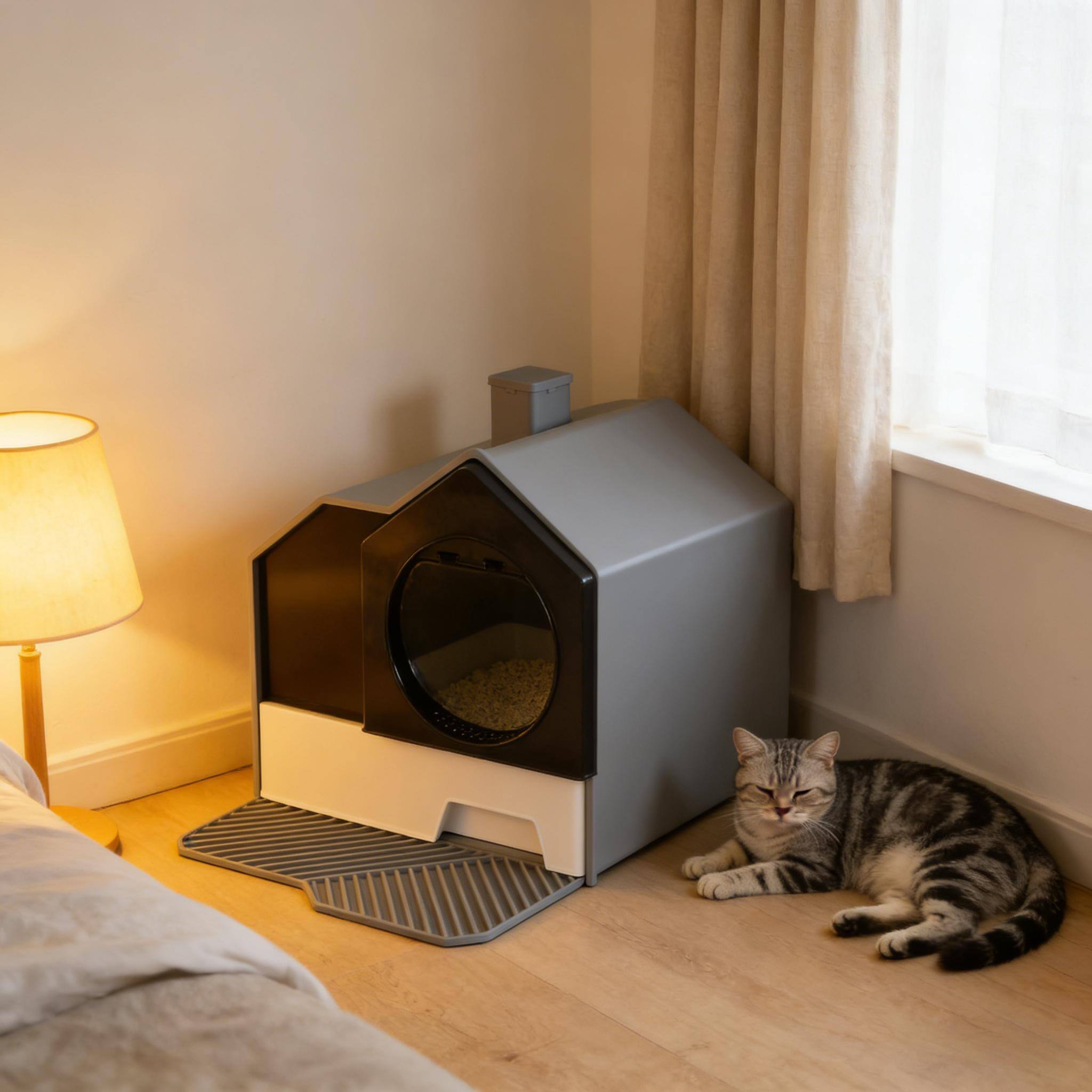 Left. Dexmalle - Dexmalle-Enclosed Cat Litter Box with Open Door,Pad and Scoop-Gray&White - Black+ Gray,White.