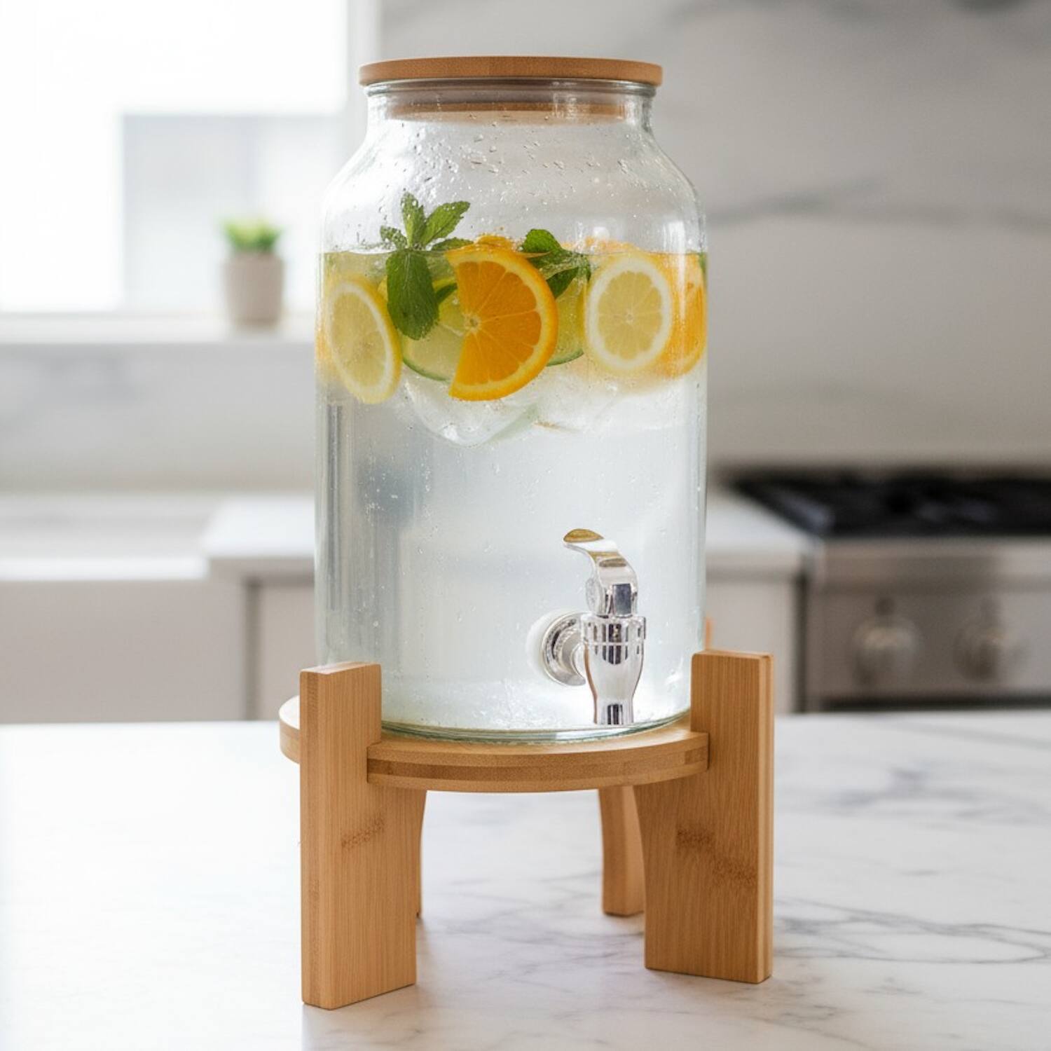 Angle. Jay Import - Delray Glass Beverage Dispenser with Bamboo Lid & Stand (4L / 1 Gal) - Clear.