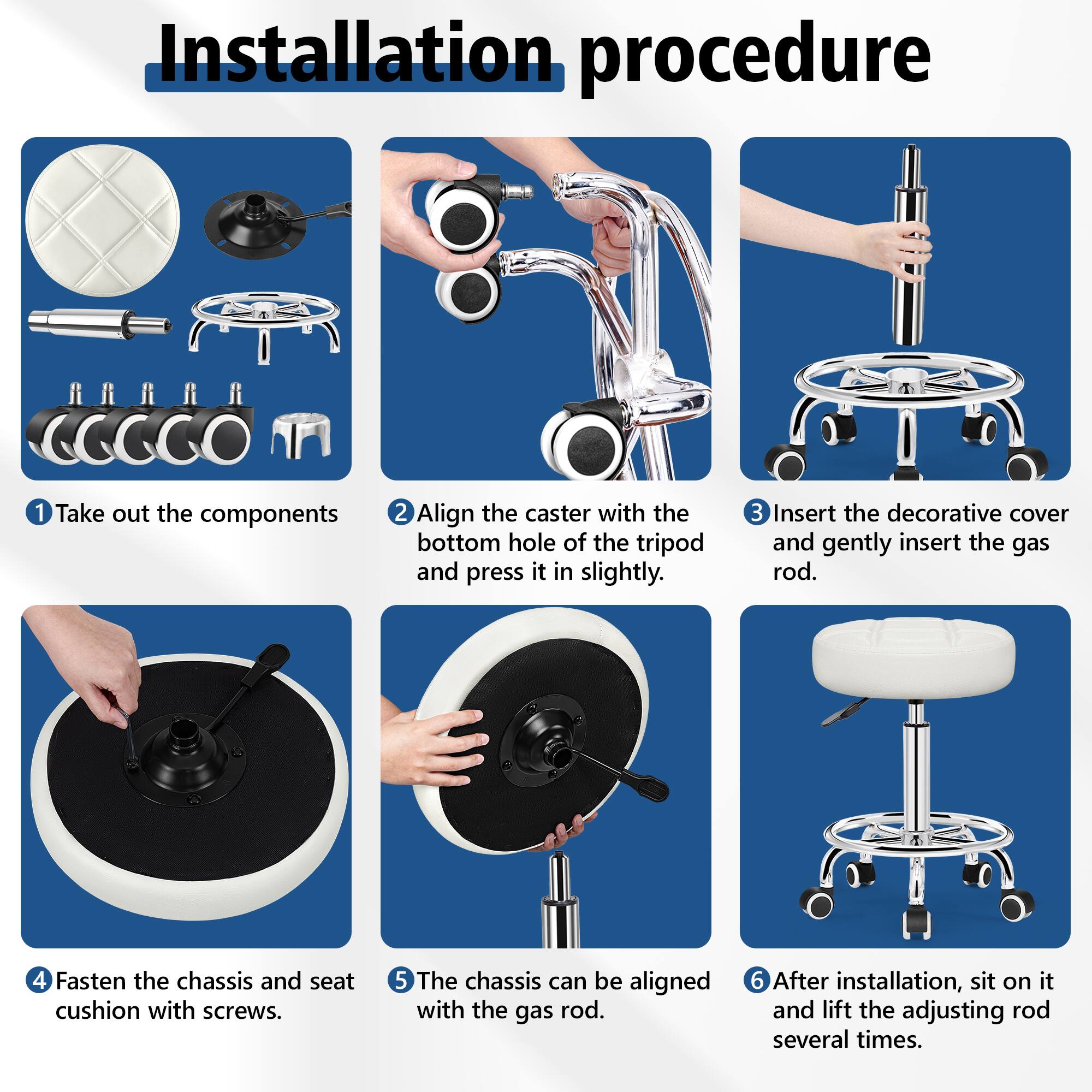 Alt View 2. KERDOM - Versatile Rolling Stool Adjustable Height PU Leather Swivel Small Office Chair without Back for Drawing Tattoo Salon Lab - White.