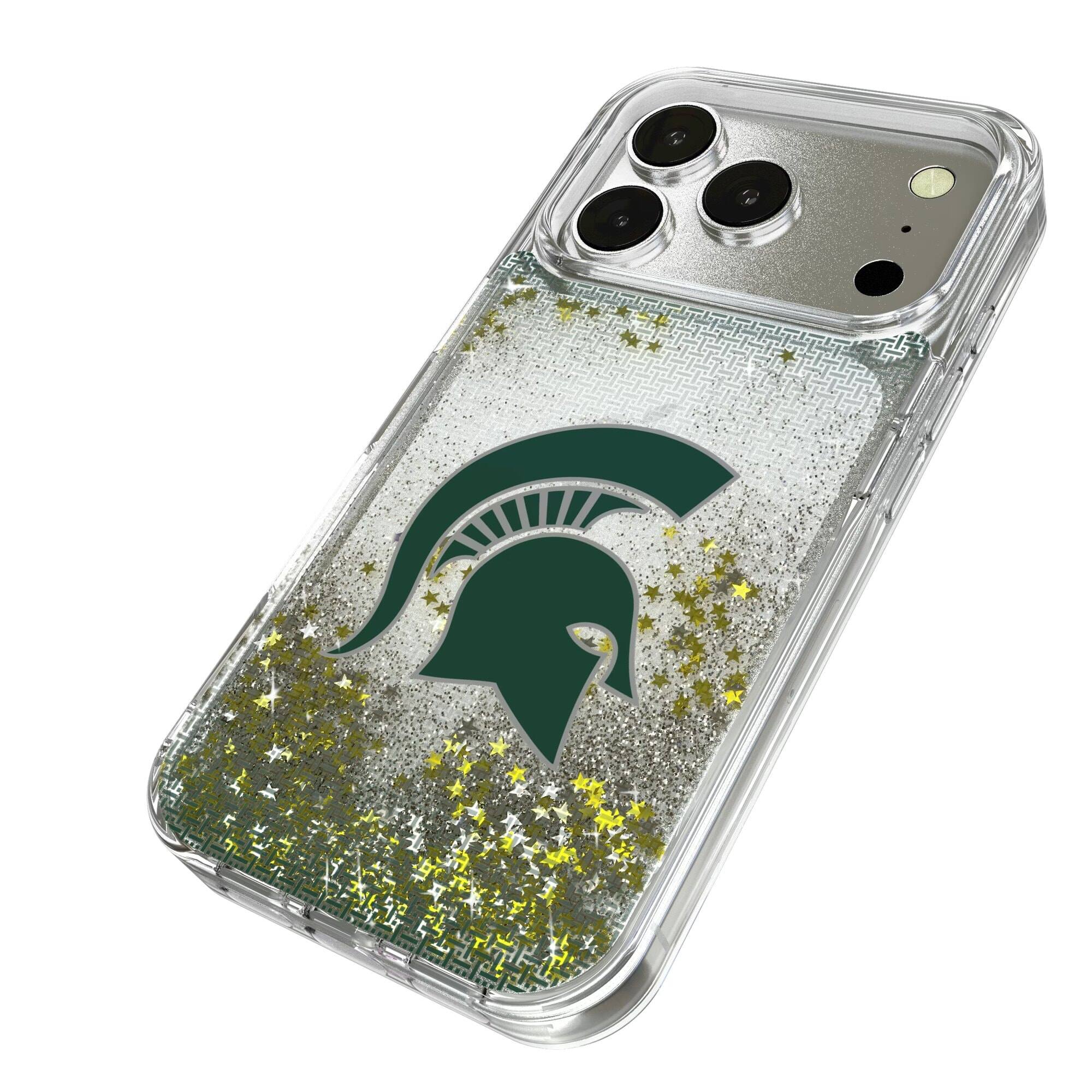 Alt View 1. Keyscaper - Michigan State Spartans Linen Logo iPhone Glitter Case - 15 Pro - Multicolor.