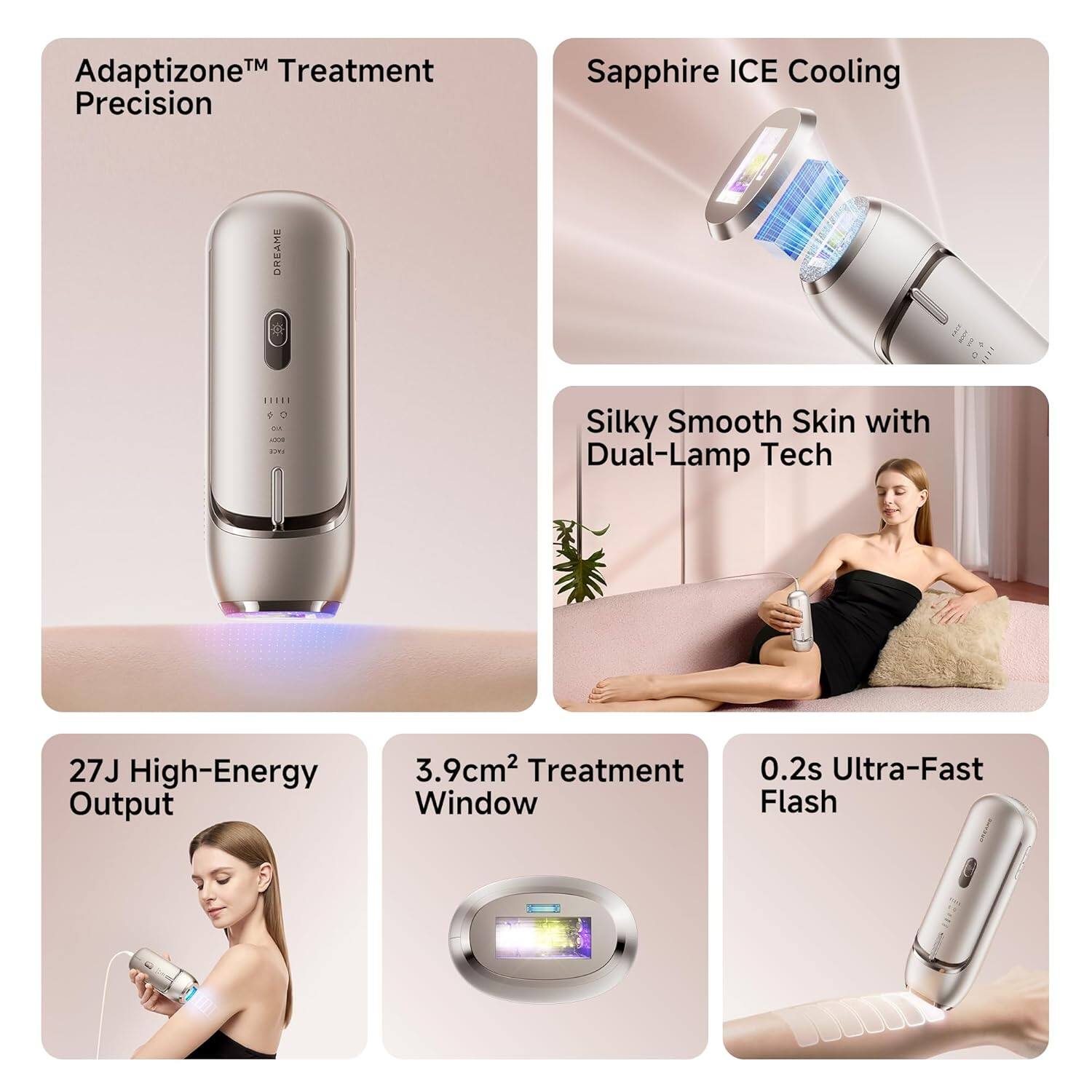 Adaptizone™ Treatment Precision

Sapphire ICE Cooling

Silky Smooth Skin with Dual-Lamp Tech

27J High-Energy Output

3.9cm² Treatment Window

0.2s Ultra-Fast Flash