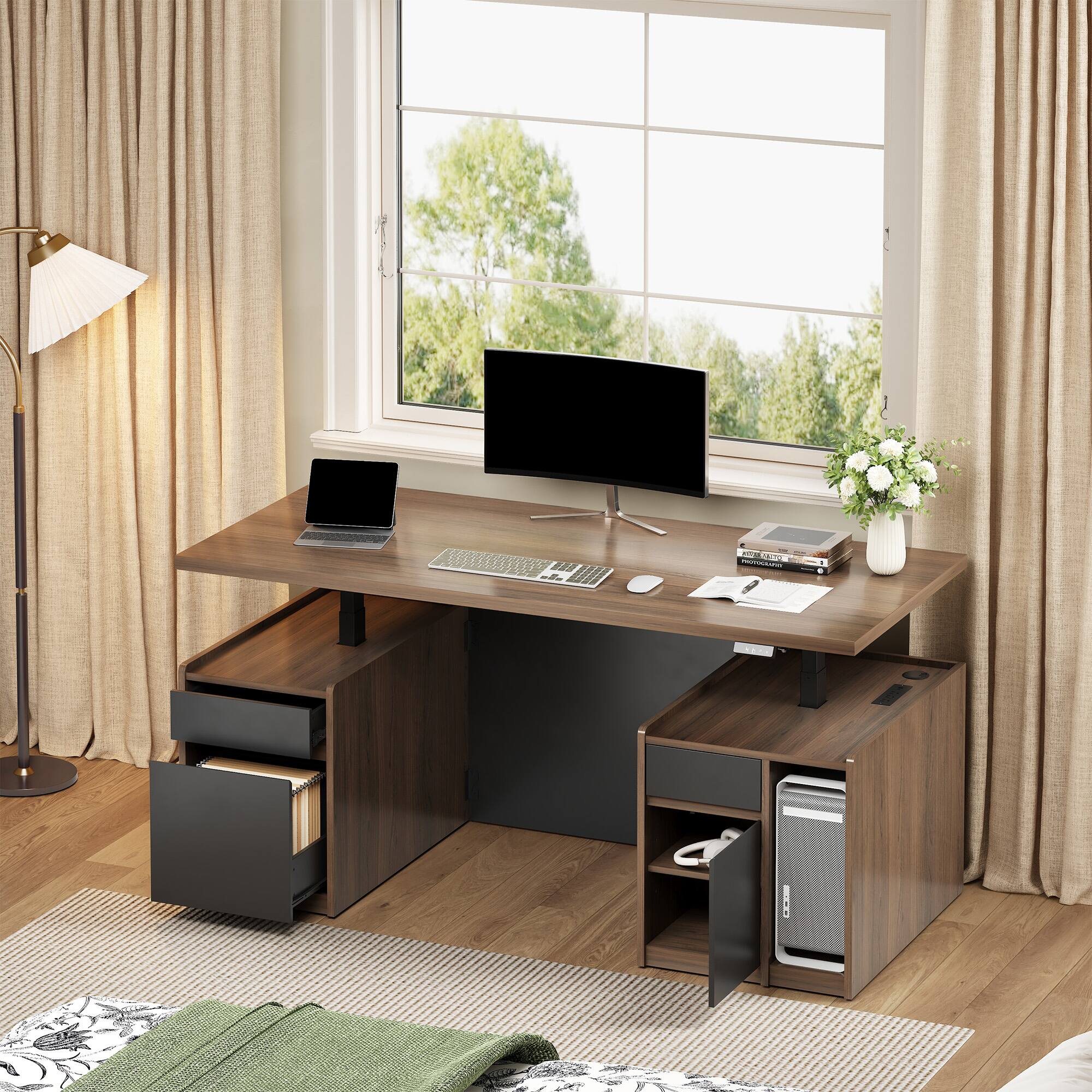 Alt View 2. ModernMate - 70.8" Executive Electric Standing Desk with Privacy Panel, Drawers & File Cabinet, AC/USB - Black Walnut.