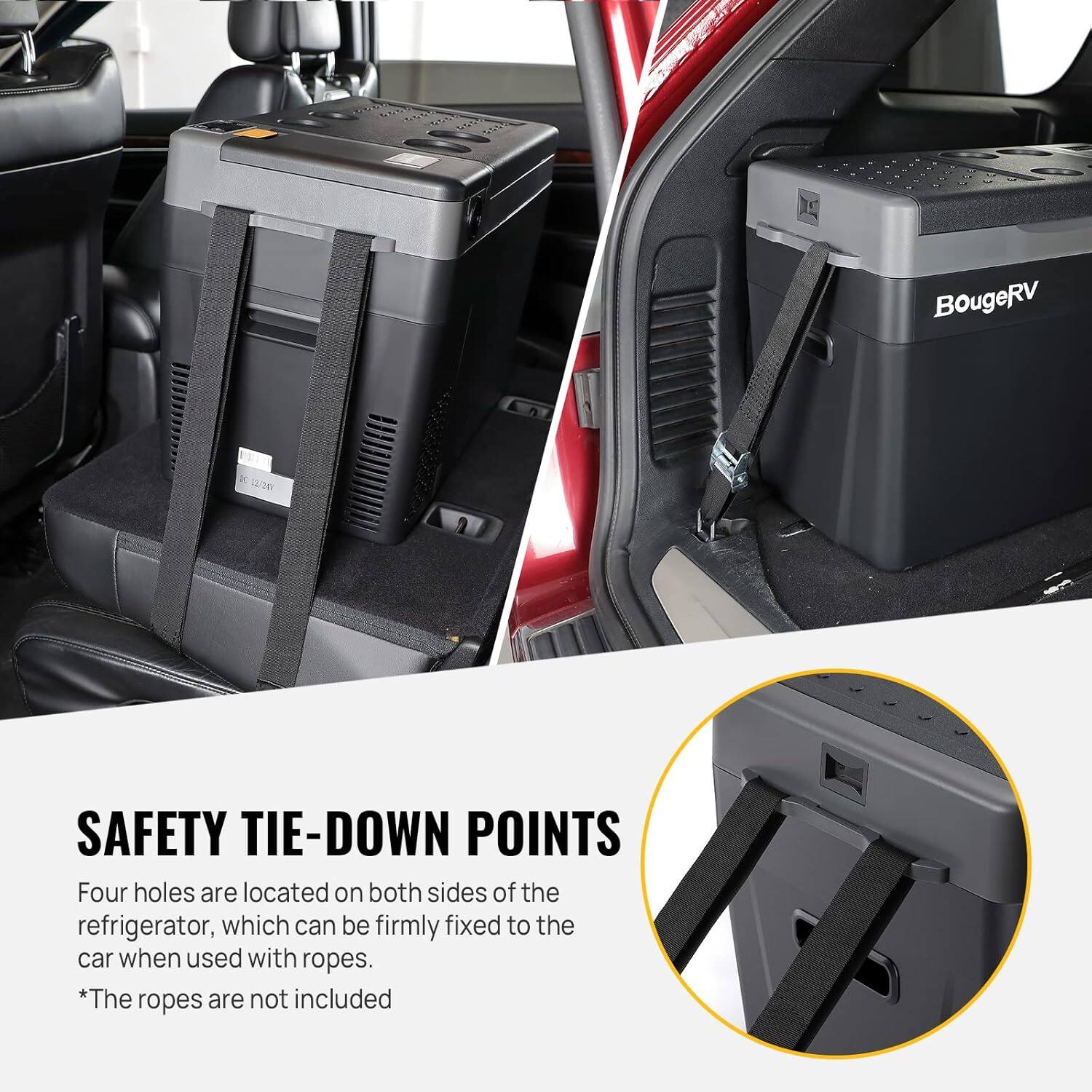 **SAFETY TIE-DOWN POINTS**

Four holes are located on both sides of the refrigerator, which can be firmly fixed to the car when used with ropes. *The ropes are not included.