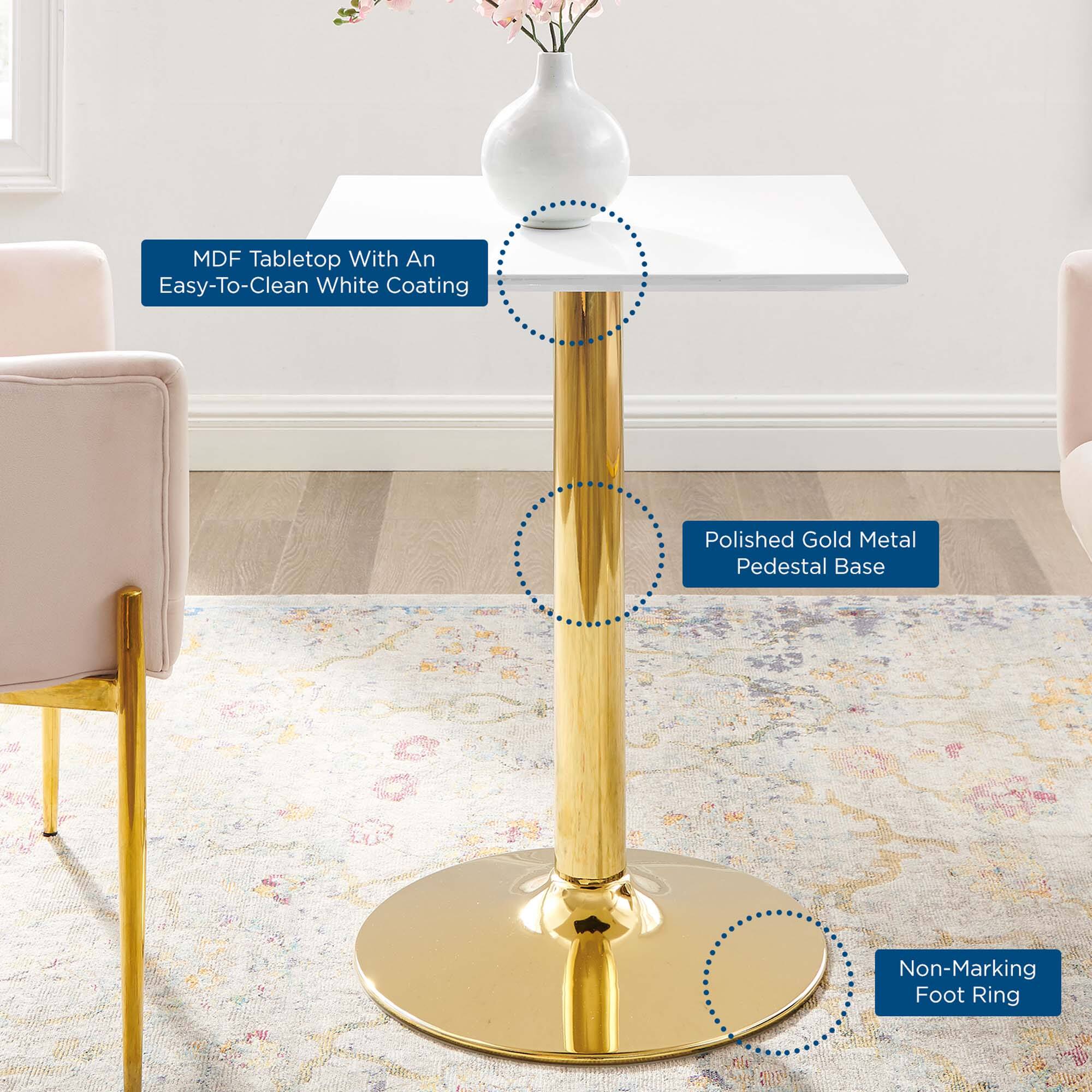 - MDF Tabletop With An Easy-To-Clean White Coating
- Polished Gold Metal Pedestal Base
- Non-Marking Foot Ring