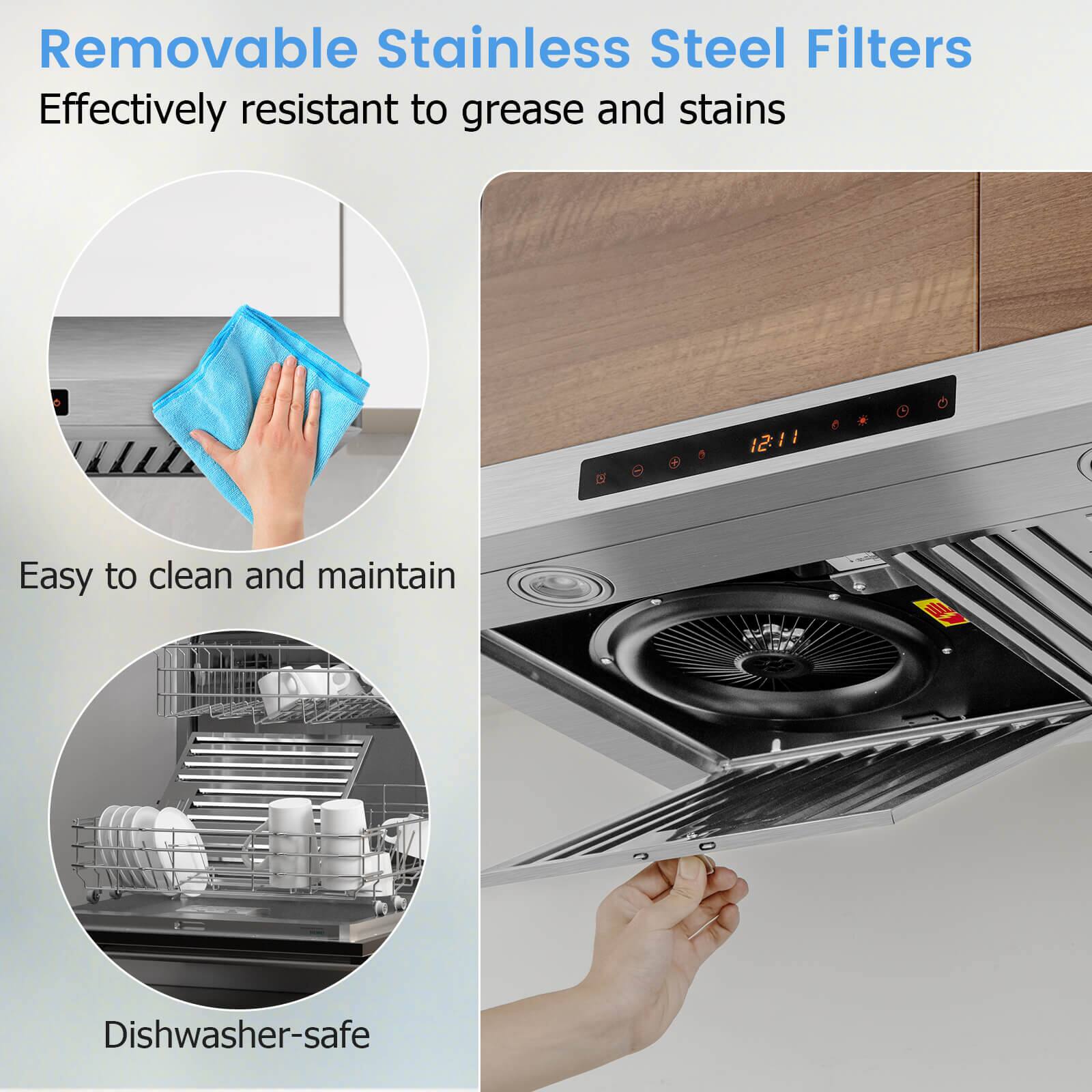 Removable Stainless Steel Filters
Effectively resistant to grease and stains
Easy to clean and maintain
Dishwasher-safe