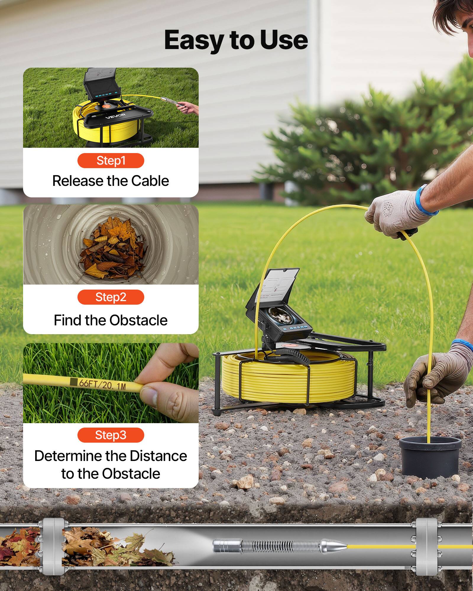 Easy to Use

Step1: Release the Cable

Step2: Find the Obstacle

Step3: Determine the Distance to the Obstacle

ROSET 66FT/20.1M