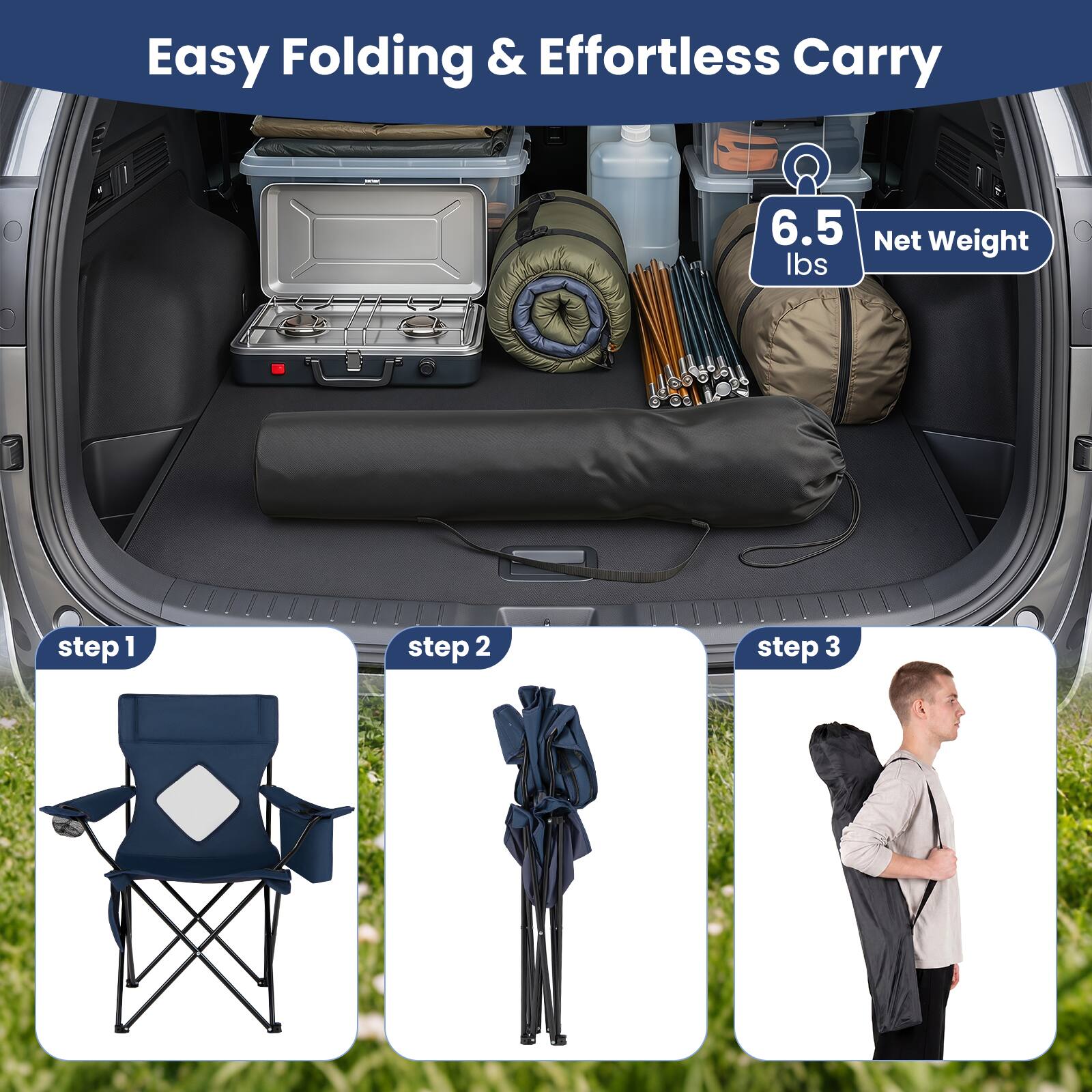 Easy Folding & Effortless Carry  
6.5 Net Weight lbs  
step 1  
step 2  
step 3