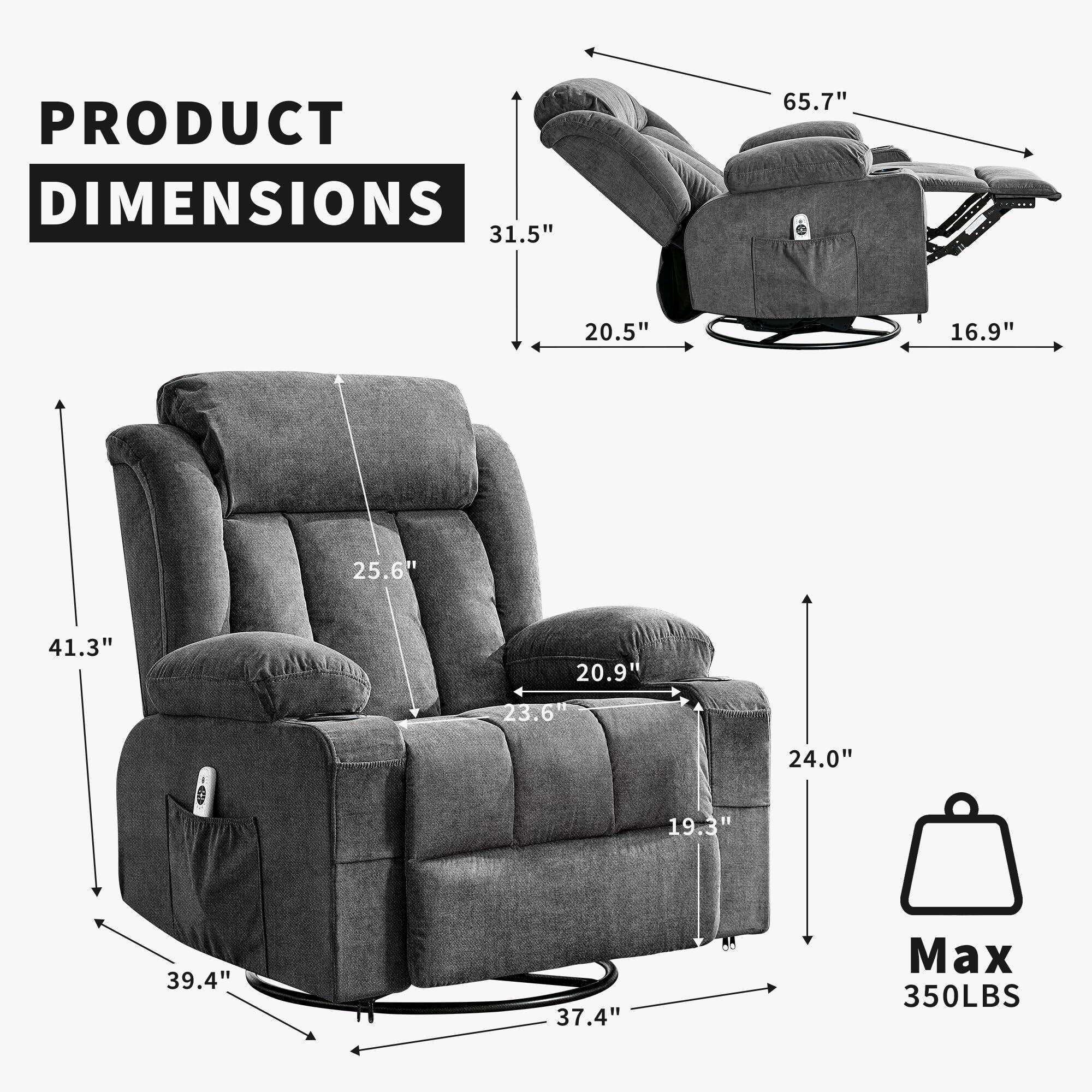 PRODUCT DIMENSIONS

- Height: 65.7"
- Width: 31.5"
- Depth: 20.5"
- Seat Height: 20.9"
- Seat Depth: 23.6"
- Armrest Height: 25.6"
- Armrest Width: 24.0"
- Back Height: 41.3"
- Base Width: 39.4"
- Base Depth: 37.4"
- Max Weight Capacity: 350LBS