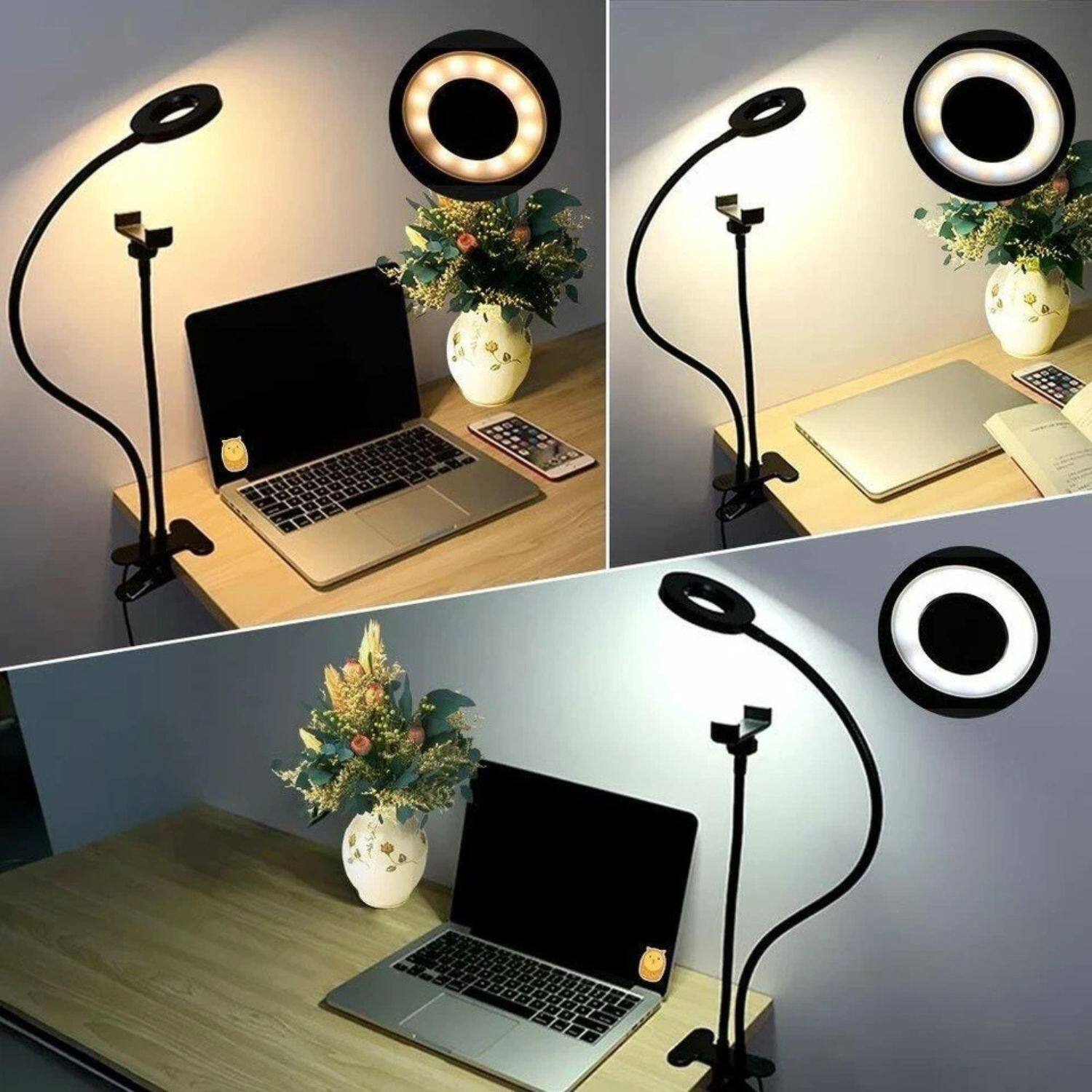 Back. Stock Preferred - Flexible Long Arm LED Selfie Ring Light with Phone Holder - White.