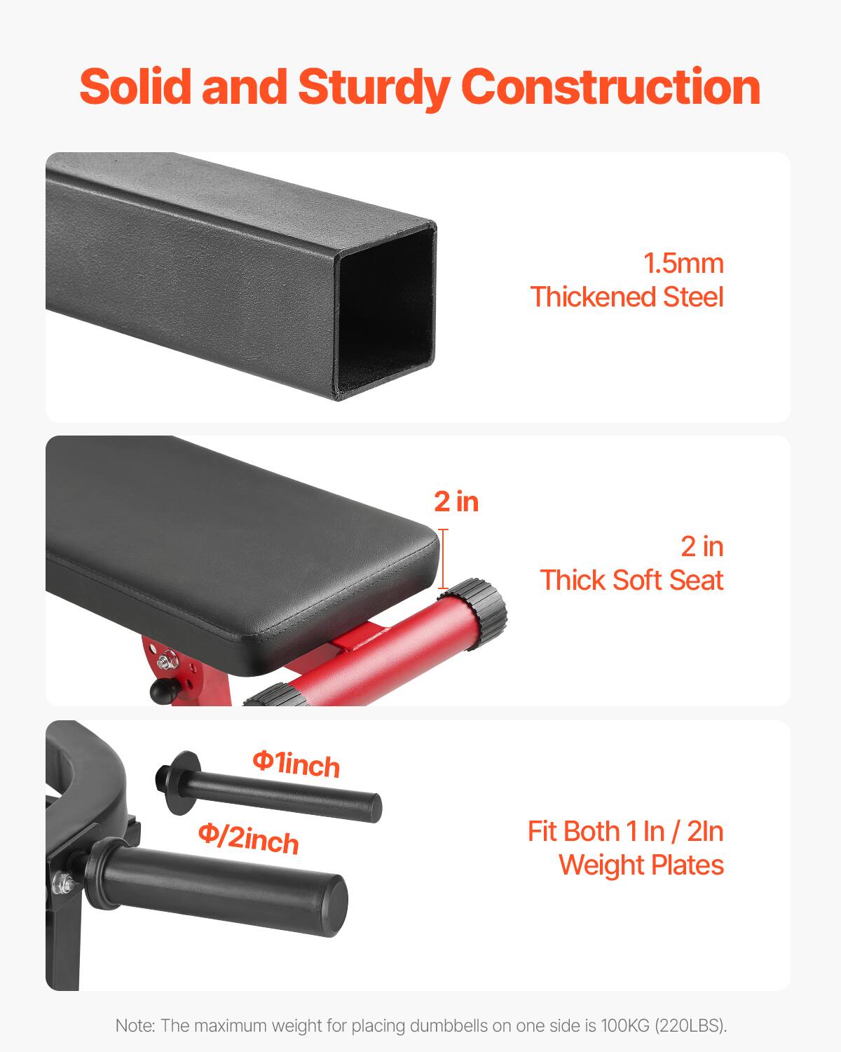 Solid and Sturdy Construction

1.5mm Thickened Steel

2 in Thick Soft Seat

Fit Both 1 Inch / 2 Inch Weight Plates

Note: The maximum weight for placing dumbbells on one side is 100KG (220LBS).