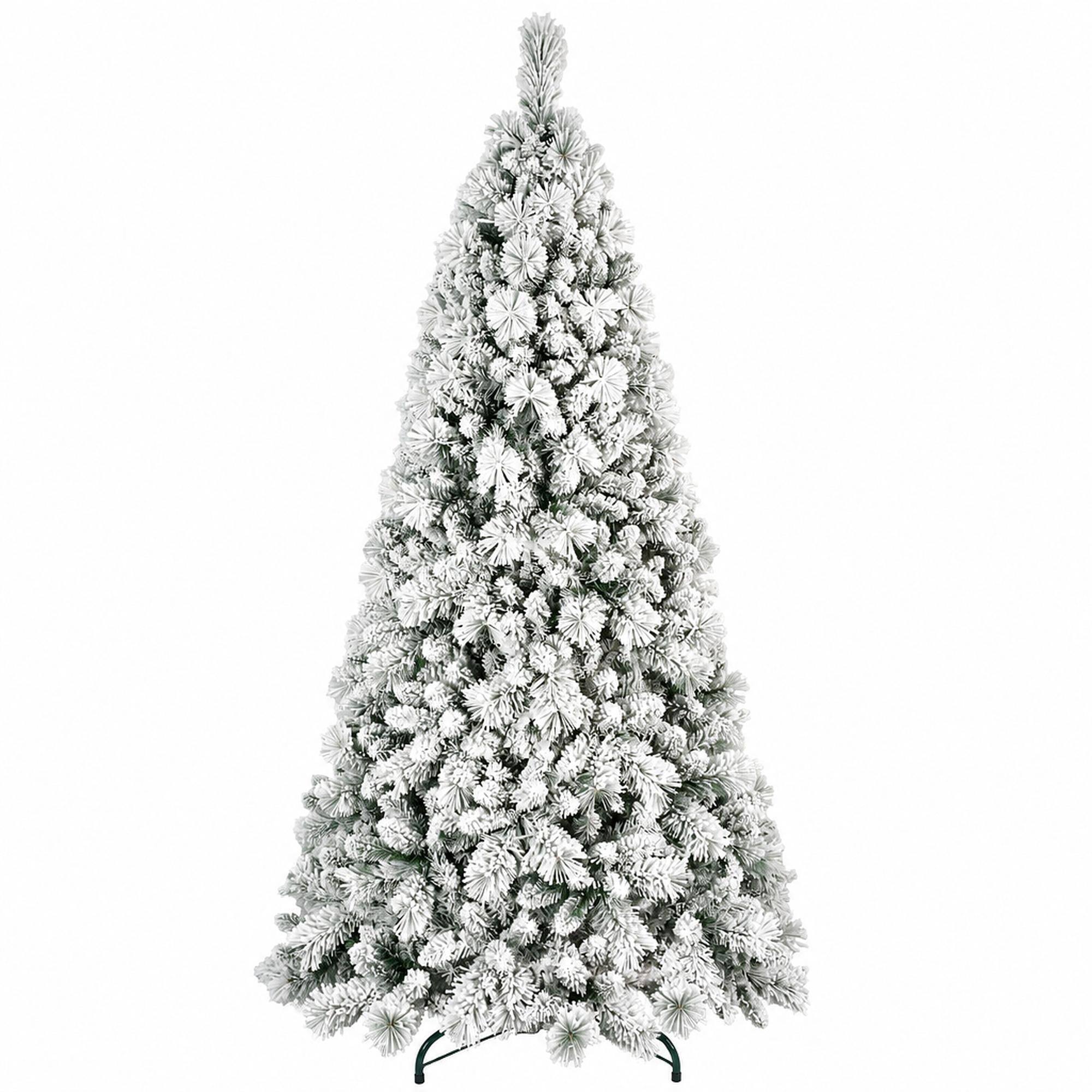 Front. RYHNUYNE - 7.5FT Flocked Christmas Tree, 1252 Snowy PVC Hard Needle Branches Hinged Design Easy Setup Stable Metal Stand - Green,White.