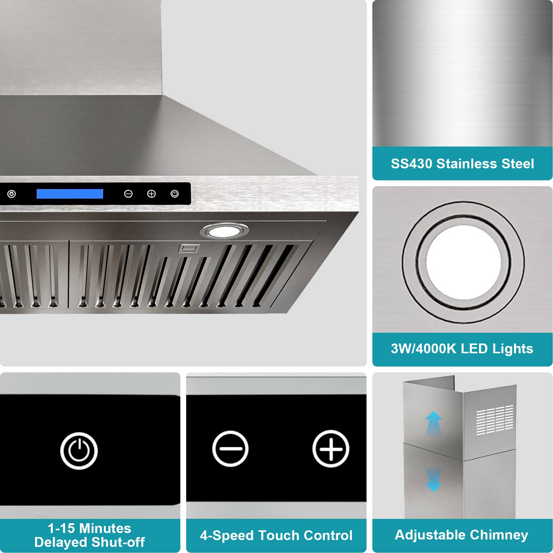SS430 Stainless Steel 3W/4000K LED Lights - 1-15 Minutes Delayed Shut-off 4-Speed Touch Control Adjustable Chimney
