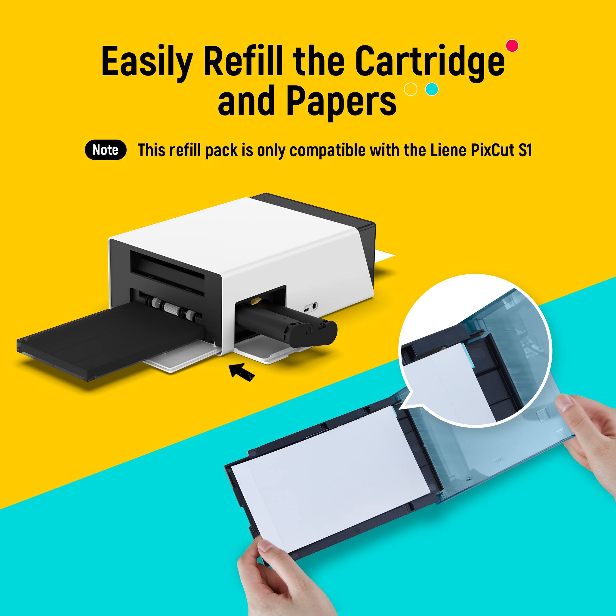 Easily Refill the Cartridge and Papers

Note: This refill pack is only compatible with the Liene PixCut S1