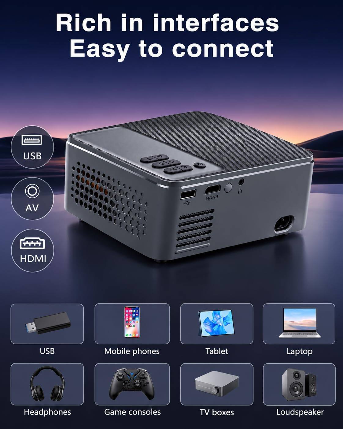 Rich in interfaces  
Easy to connect

USB  
AV  
HDMI

USB  
Mobile phones  
Tablet  
Laptop  
Headphones  
Game consoles  
TV boxes  
Loudspeaker
