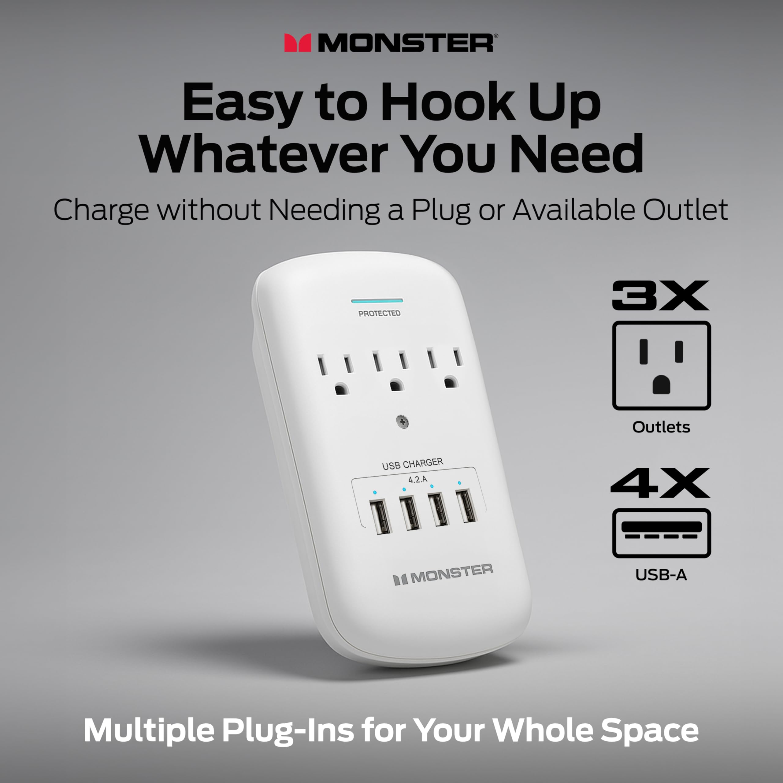 MONSTER  
Easy to Hook Up Whatever You Need  
Charge without Needing a Plug or Available Outlet  

PROTECTED  
3X Outlets  
4X USB-A  

Multiple Plug-Ins for Your Whole Space