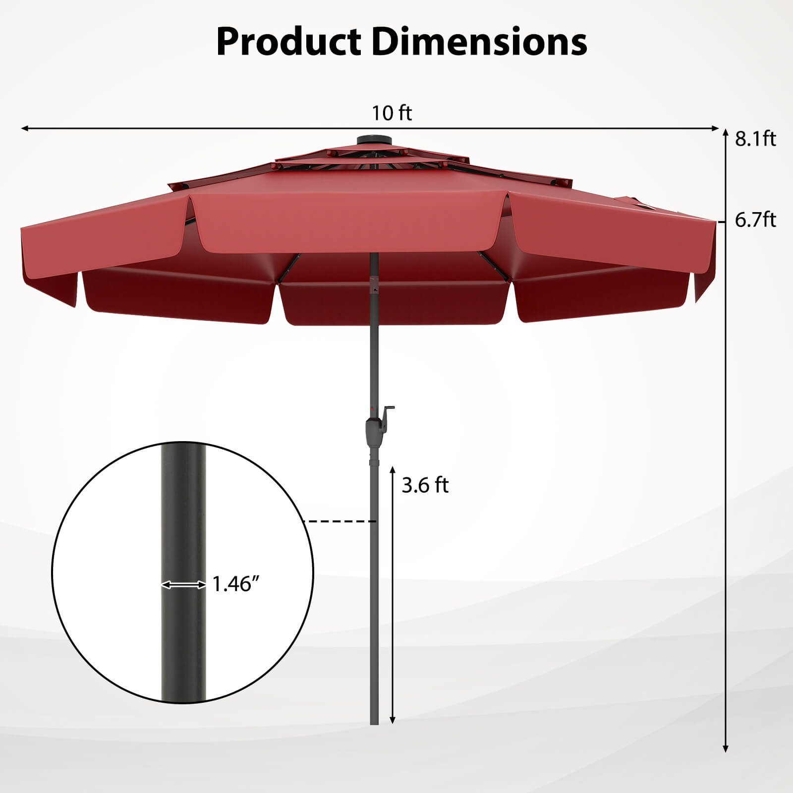 Product Dimensions 10 ft 8.1ft 6.7ft 3.6 ft 1.46"