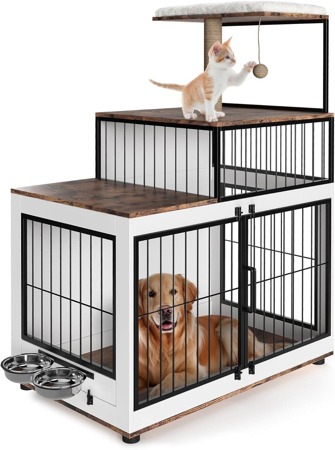 Front. Acekool - Dog Crate Furniture, 2-in-1 Corner Pet Kennel for Dogs & Cats, White Wooden Pet House w/ Bowls, Scratching Post, White.
