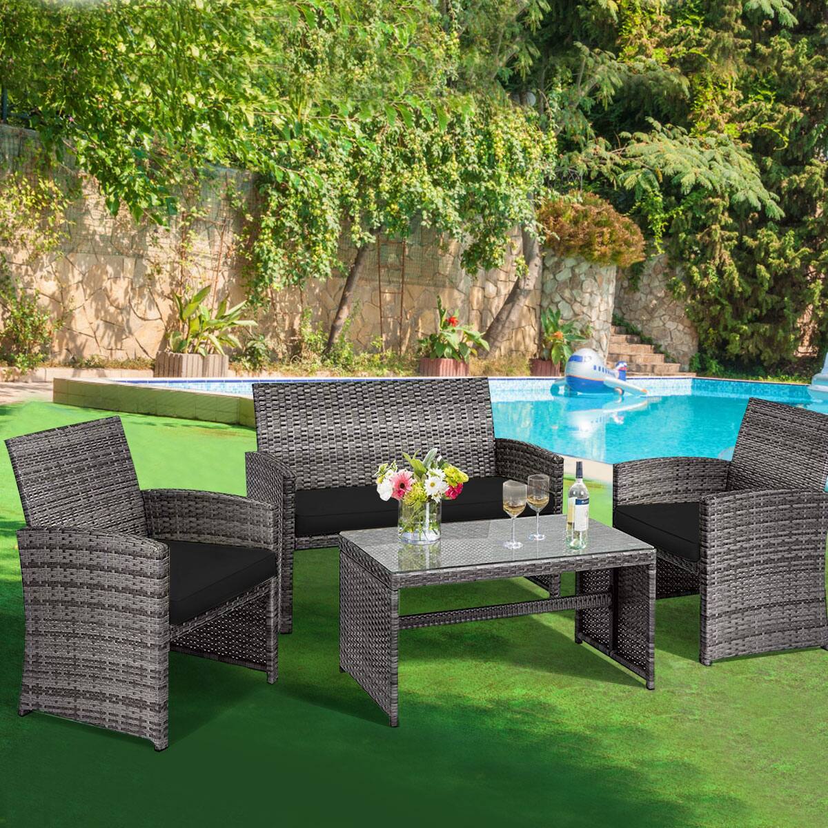 Alt View 3. Costway - Costway 4PCS Patio Rattan Furniture Set Conversation Glass Table Top Sofa Cushioned, - Black.