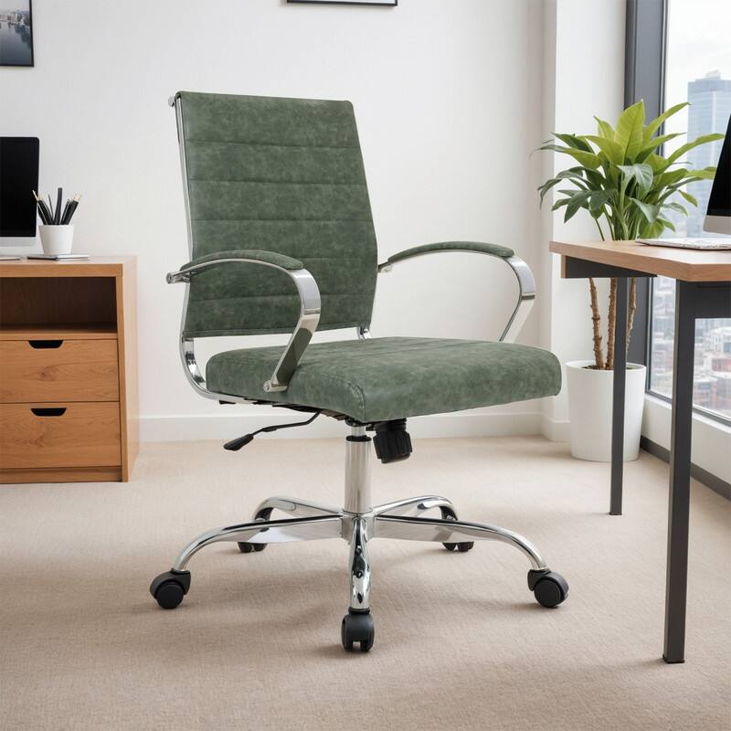Angle. LeisureMod - Set of 2 - Benmar Modern Leather Office Desk Chair with Ribbed Seat and Steel Frame Computer Chair - Green.