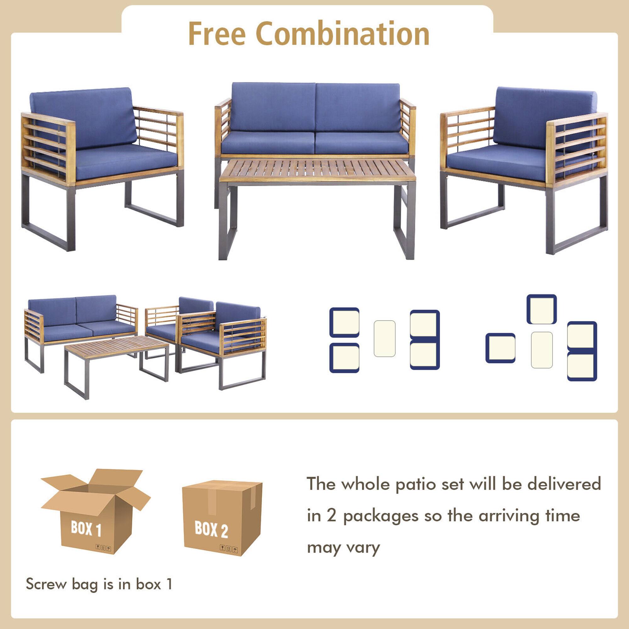 Free Combination

The whole patio set will be delivered in 2 packages so the arriving time may vary

Screw bag is in box 1

BOX 1

BOX 2