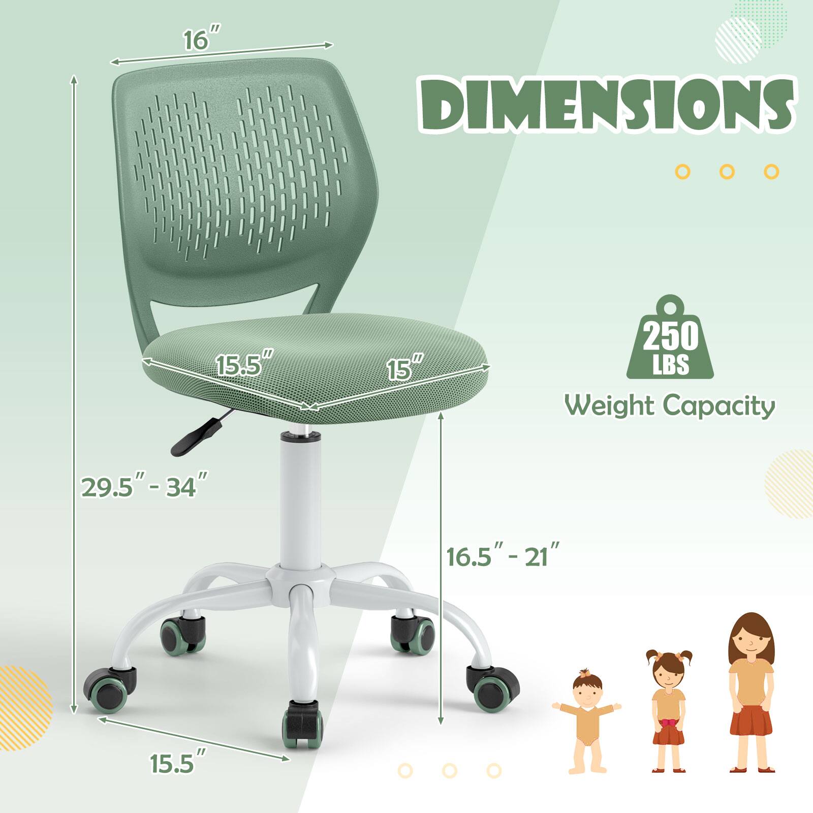 Sure, here is the corrected and grouped text from the image:

---

**DIMENSIONS**

- Seat Height: 15.5" - 15"
- Seat Width: 16"
- Seat Depth: 15.5"
- Seat Height Range: 29.5" - 34"
- Seat Height Range: 16.5" - 21"
- Base Width: 15.5"

**Weight Capacity:** 250 LBS

---