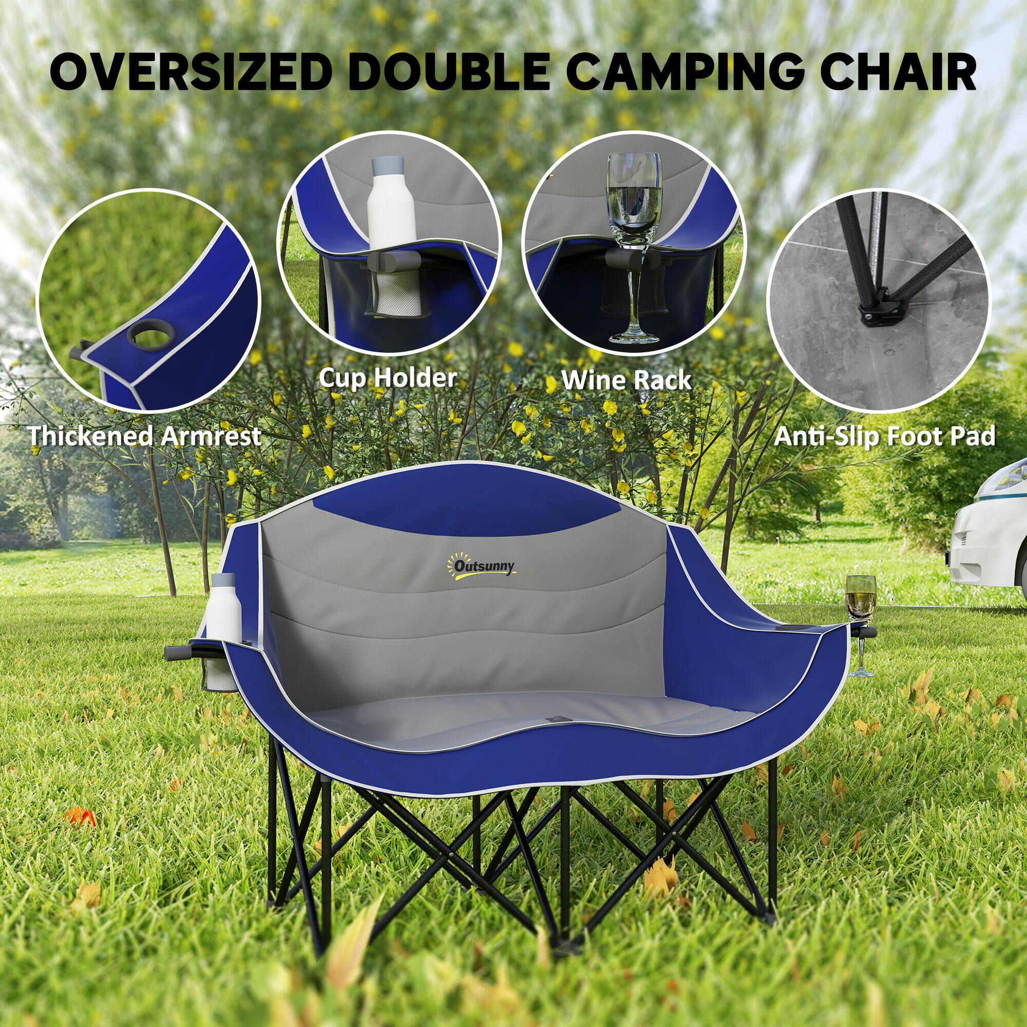Outsunny, Oversized Double Camping Chair, Cup Holder, Wine Rack, Thickened Armrest, Anti-Slip Foot Pad