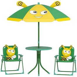 Qaba - Kids Picnic Table and Chair Set, Outdoor Activity Table with Foldable Chairs, Removable Umbrella, Bee Pattern - Green