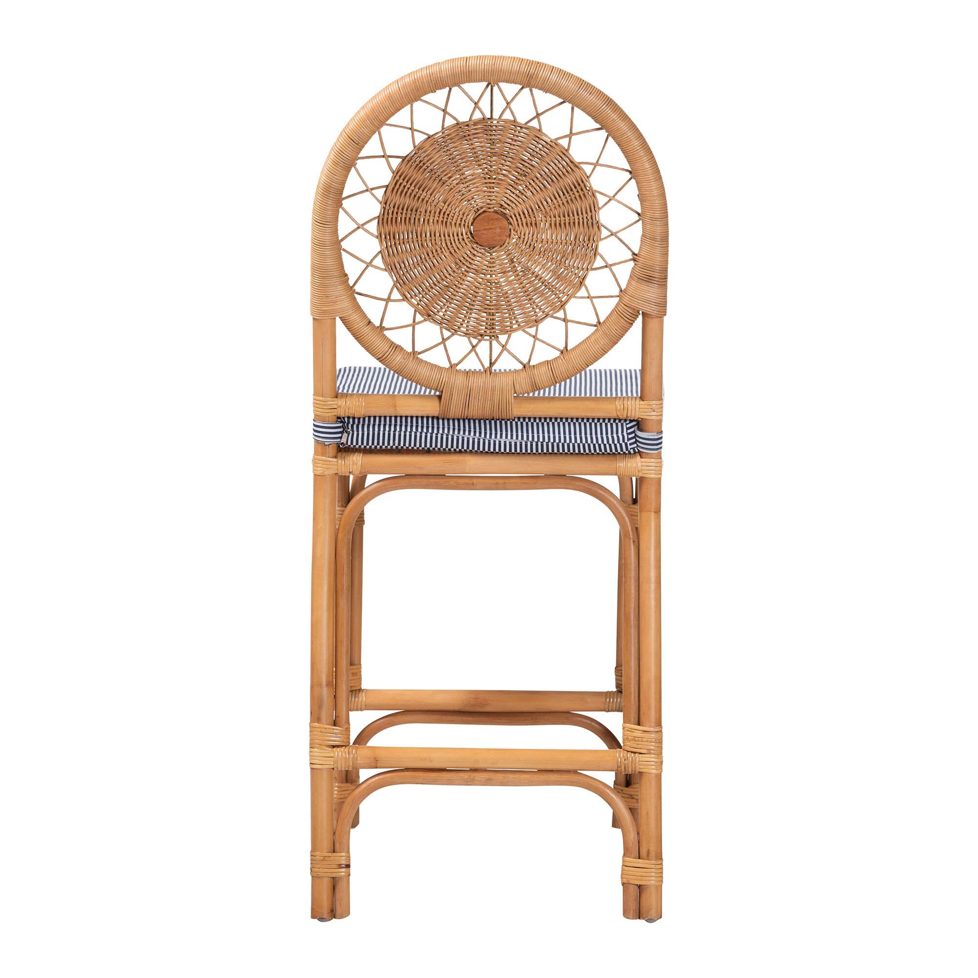 Back. bali & pari - Oberon Natural Rattan Counter Stool with Cushion - Handwoven Wicker Kitchen Island Seating with Sunburst Backrest - Light Honey.